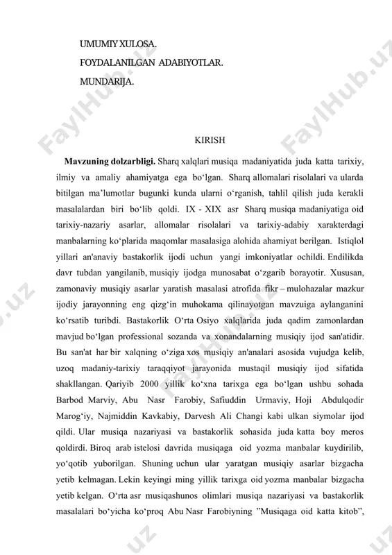u sohada barbod marviy, abu nasr farobiy, safiuddin urmaviy, hoji abdulqodir marog‘iy, najmiddin kavkabiy, darvesh ali changi kabi ulkan siymolar ijod qildi. ular musiqa nazariyasi va bastakorlik sohasida juda katta boy meros qoldirdi. biroq arab istelosi davrida musiqaga oid yozma manbalar kuydirilib, yo‘qotib yuborilgan. shuning uchun ular yaratgan musiqiy asarlar bizgacha yetib kelmagan. lekin keyingi ming yillik tarixga oid yozma manbalar bizgacha yetib kelgan. o‘rta asr musiqashunos olimlari musiqa nazariyasi va bastakorlik masalalari bo‘yicha ko‘proq abu nasr farobiyning ”musiqaga oid katta kitob”, “musiqa haqida so‘z”, abu ali ibn sinoning “musiqa ilmi haqida risola”, “kitobu ash-shifo” asarlarida musiqa ilmi va bastakorlik san'atiga berilgan ta'rifni asos qilib oladilar. o‘zbek xalqining donishmand shoiri va olimi alisher navoiy o‘zining ”xazoyin ul-maoniy”, “xolati pahlavon muhammad”, 2 “majolis un-nafois”, “mezon ul-avzon”, “mahbub ul-qulub” kabi asarlarida o‘zidan oldin o‘tgan buyuk musiqiy allomalarimizning musiqa ilmiy, bastakorlik an'analarini davom ettirib, boyitdi. musiqa ilmi xiii – xiv asrlarda yashab, ijod …