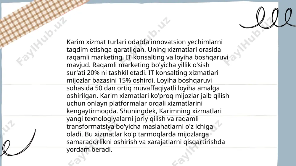 aholining 35%-dan ortig'i raqamli savodxonlik darajasining pastligi sababli elektron xizmatlardan foydalana olmaydi. bundan tashqari, kiberxavfsizlik masalalari ham muhimdir. hukumat tashkilotlarining 40% atrofida kiberhujumlarga qarshi zaifdir. bu muammolarni hal qilish uchun raqamli infratuzilmani kengaytirish va aholining raqamli mahoratini oshirish talab qilinadi. ... t.me/slaydai_bot elektron davlat xizmatlari platformalari o'zbekistonda davlat xizmatlarini raqamlashtirishni maqsad qilgan tizimlardir. 2023-yilda, 400 dan ortiq davlat xizmati onlayn shaklda taqdim etildi. ular orqali fuqarolar 24/7 ma'lumot olishlari va 70% arizalarni elektron tarzda yuborishlari mumkin. platformalarning joriy etilishi budjet xarajatlarini 30% gacha kamaytirishga yordam berdi. 10 milliondan ziyod fuqaro elektron davlat xizmatlaridan foydalangan. elektron hukumat rivojlanishi o‘zbekistonni jahon bankining ehukumat reytingida 193 mamlakat orasida 87-o‘ringa olib chiqdi. bu platformalar nafaqat vaqtni, balki fuqarolarning resurslarini ham tejashga imkon beradi. ... t.me/slaydai_bot 13. elektron hukumat tizimlarining samaradorligi elektron hukumat tizimlari davlat xizmatlarini onlayn formatda amalga oshirish imkonini taqdim etadi, bu esa vaqt va resurslarni tejaydi. masalan, estoniyada elektron hukumat xizmatlari aholining …