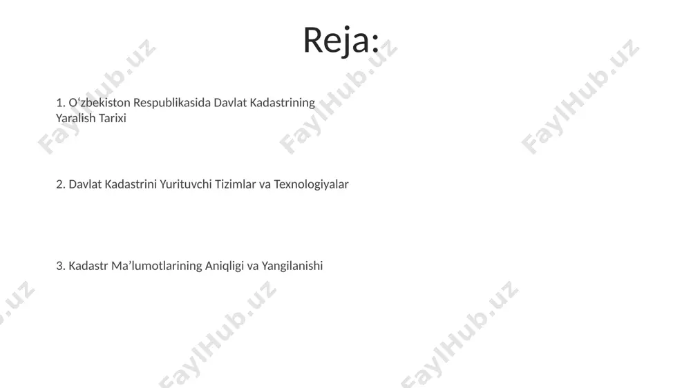 ha 5000 ga yaqin obyekt qayta roʻyxatdan oʻtkazildi, bu esa davlat byudjeti daromadlarini oshirishga yordam berdi. kadastr tizimining samarasini baholash тошкент вилоятининг 5 та туманида ўтказилган таҳлиллар кўрсатдики, кадастр маълумотларининг тўғрилик даражаси 90% дан юқори бўлиб, бу ер участкаларини бошқариш самарадорлигини оширишга ёрдам берган. навоий вилоятидаги кадастр маълумотлар базасининг янгиланиш тезлиги йилига ўртача 15% ни ташкил этиб, бу ер участкалари бўйича низоларни 20% га камайтиришга ёрдам берди. kadastr xaritalarini tuzuvchi va yangilovchi mutaxassislarni tayyorlash тошкент шаҳридаги ўзбекистон давлат ер ресурслари ва кадастр агентлигининг 5 йиллик режасига кўра, кадастр мутахассисларини тайёрлаш бўйича 200 дан ортиқ ўқув курслари ташкил этилади. самарқанд давлат архитектура ва қурилиш институтида ер кадастри ва геодезия йўналишлари бўйича 300 дан зиёд мутахассис магистратура босқичида кадастр хариталарини тузиш ва янгилаш бўйича ўқитилмоқда. davlat kadastri maʼlumotlar bazasini shakillantirish uzbekistanning 12 ta viloyati va toshkent shahridagi yer uchastkalari toʻgʻrisidagi maʼlumotlarni yigʻish va bazaga kiritish uchun 5 yildan ortiq vaqt sarflangan, bu …