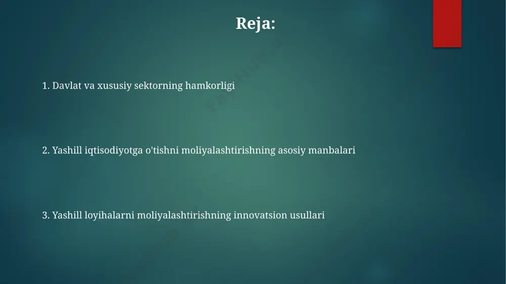 bonli texnologiyalarni rivojlantirish va joriy etish uchun 10 yillik muddatga 2% dan past foiz stavkalari bilan taqdim etiladigan yangi turdagi yashil kreditlarni ishga tushirish rejalashtirilgan. xususiy sektor investitsiyalari va ularni jalb qilish usullari davlat-xususiy sherikchilik (dxsh) modellari orqali amalga oshiriladigan loyihalar, xususan, katta miqdordagi, 50 million dollar va undan ortiq investitsiyalarni jalb qilish imkonini beradi. xususiy sektor investitsiyalarini jalb qilishda, davlat tomonidan taqdim etilayotgan 5-10% gacha bo'lgan subsidiyalar va soliq imtiyozlari muhim rol o'ynaydi, bu esa loyihalarning rentabelligini oshiradi. yillik 10-15% daromad keltiradigan “yashil” obligatsiyalar va investitsiya fondlari orqali xususiy sektorni jalb qilish, kapital bozorlarini rivojlantirishga turtki beradi. yashillantirish loyihalarini moliyalashtirishda xalqaro hamkorlik yashill antirish loyihalarini moliyalashtirishda jahon banki kabi xalqaro moliya institutlari 2023 yilda 100 milliard dollardan ortiq mablag' ajratgan. yevropa ittifoqi yashil energiya loyihalarini qo'llab-quvvatlash uchun 2021-2027 yillar davomida 1 trillion evro miqdorida grantlar va subsidiyalar ajratishni rejalashtirmoqda. xalqaro hamkorlik doirasida kamida 50 ta davlat yashil texnologiyalarni rivojlantirish …