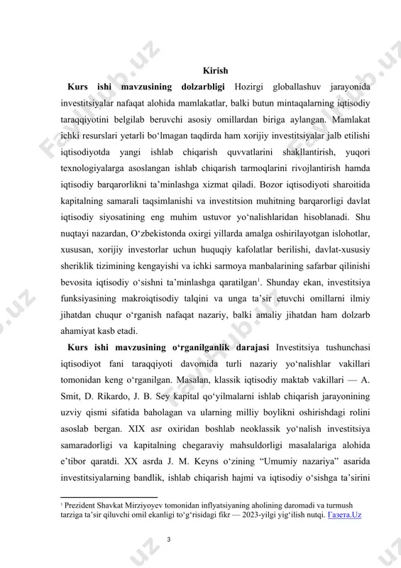 uning barqaror o‘sishga ta’sirini o‘rganishga qaratilgan. shunday qilib, mavzu nazariy jihatdan yetarlicha o‘rganilgan bo‘lsa-da, o‘zbekiston sharoitidagi zamonaviy investitsiya jarayonlarini tahlil qilish masalasi dolzarbligini saqlab qolmoqda. kurs ishi mavzusining nazariy va amaliy ahamiyati mazkur kurs ishining nazariy ahamiyati shundan iboratki, u investitsiya funksiyasining makroiqtisodiy mohiyatini chuqur tahlil qiladi, turli iqtisodiy maktablar va olimlarning yondashuvlarini umumlashtiradi hamda investitsiyaning iqtisodiy barqarorlik va o‘sishdagi o‘rnini ilmiy jihatdan asoslab beradi. bu orqali investitsiyalarning nazariy model va tushunchalari o‘quvchi yoki tadqiqotchiga yanada to‘liqroq tasavvur hosil qilish imkonini beradi. ayniqsa, keynsiy yondashuv va zamonaviy iqtisodiy nazariyalardagi investitsiyaning bandlik va yalpi ichki mahsulotga ta’siri alohida o‘rganiladi. amaliy ahamiyati esa o‘zbekiston sharoitida investitsiya jarayonlarini tahlil qilish, mavjud muammolarni aniqlash hamda ularni bartaraf etish yo‘llarini taklif qilishda namoyon bo‘ladi. xususan, ichki va tashqi investitsiya oqimlarining tarmoqlar bo‘yicha taqsimlanishi, davlat-xususiy sheriklik mexanizmlarining qo‘llanilishi, xorijiy investitsiyalar uchun qulay shart-sharoitlar yaratish masalalari kurs ishining amaliy jihatdan foydasini belgilab beradi. bundan tashqari, ishlab chiqilgan …