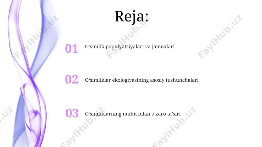 rslari oʻsimliklarning hayot faoliyati uchun muhim ahamiyat kasb etadi. oʻsimliklarning ekologik rollari fotosintez jarayoni orqali, taxminan 70% yer yuzidagi kislorodni oʻsimliklar ishlab chiqaradi, shu jumladan, 30% dan ortigʻi dengiz oʻsimliklari hissasiga toʻgʻri keladi. oʻsimliklar, qurgʻoqchil hududlar, misol uchun, qoraqalpogʻiston choʻllarida tuproq eroziyasini oldini olishda, qum koʻchishini kamaytirishda muhim ekologik rol oʻynaydi. suv rejimi suv rejimi tuproqning namligi va uning mavsumiy oʻzgarishiga bogʻliq boʻlib, masalan, 30% namlikli tuproqda halofit oʻsimliklar yaxshi rivojlanadi, 10% dan kam namlikda esa faqat chidamli turdagi oʻsimliklar omon qolishi mumkin. oʻzbekistonning qashqadaryo viloyati choʻllarida suv rejimi yillik 100 mm dan kam yogʻingarchilik bilan tavsiflanadi, bu esa oʻsimliklarning c4 fotosintezi va chuqur ildiz tizimiga ega boʻlishini talab qiladi. ekologik omillar togʻli hududlarda, masalan, fargʻona vodiysida 1500 metr balandlikda, yillik yogʻin miqdori 600 mm boʻlgan sharoitda, 20 ga yaqin oʻsimlik turi oʻzaro raqobatda yashaydi. amudaryo deltasida, tuproqning shoʻrlanishi 10 dsm/m dan yuqori boʻlgan joylarda, 8 dan ortiq turdagi suvsevar …