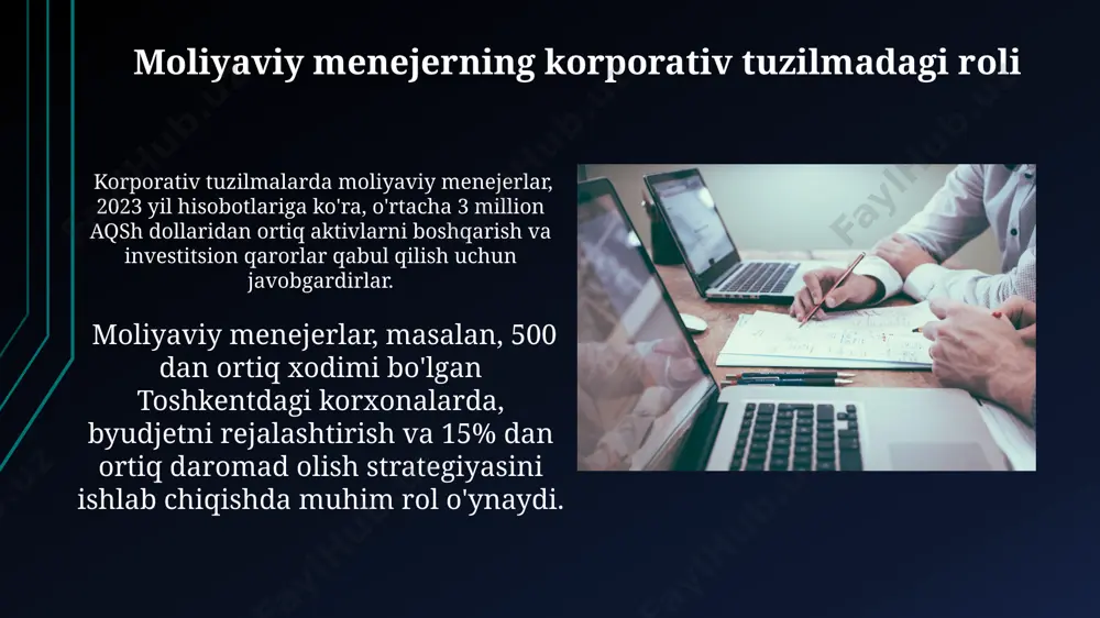 an yillik uchrashuvlar oʻtkazib, kompaniyaning moliyaviy holati toʻgʻrisida toshkentda hisobot taqdim etadilar. kapital tuzilmasini optimallashtirish kapital tuzilmasini optimallashtirishda, masalan, 30% qarz va 70% aktsiyadorlik kapitali nisbati, toshkentdagi yirik korxonalar uchun samarali boʻlishi mumkin, bu moliyaviy xavf va rentabellik oʻrtasidagi muvozanatni taʼminlaydi. optimal kapital tuzilmasi, korxona oʻlchami, soha xususiyatlari va bozor sharoitlariga bogʻliq boʻlib, masalan, kichik biznes uchun 60% qarz va 40% aktsiyadorlik kapitali nisbati juda yuqori xavf tugʻdirishi mumkin. e'tiboringiz uchun rahmat @taqdimot_robot image1.jpg image2.jpg image3.jpg image4.jpg image5.jpg image6.jpg image7.jpg image8.jpg image9.jpg image10.jpg image11.jpg image12.jpg image13.jpg image14.jpg image15.jpg