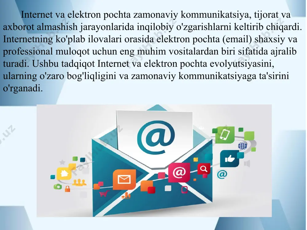laydi. 1960-yillarda arpanet dasturi bilan boshlangan bu jarayon, bugungi kunda global miqyosda keng tarqalgan va har bir kishi uchun muhim bo'lgan internet tarmog'ini yaratishga olib keldi. arpanetning maqsadi axborotni almashishning ishonchli va barqaror tizimini yaratish edi. davlat organlarining elektron hukumat sohasidagi faoliyati qonun hujjatlariga muvofiq ochiq va shaffof tarzda amalga oshiriladi. ariza beruvchilarga elektron davlat xizmatlari ko‘rsatish tartibi to‘g‘risidagi axborot ommabop va ochiqdir hamda u elektron davlat xizmatlari ko‘rsatuvchi davlat organlarining rasmiy veb-saytlarida e’lon qilinadi. elektron davlat xizmatlari ko‘rsatuvchi davlat organlari ariza beruvchi so‘rovining ko‘rib chiqilishi holati va xizmatlar ko‘rsatilishi natijalari to‘g‘risidagi axborotni tegishli xabarlarni elektron shaklda yuborish yo‘li bilan uning talabiga ko‘ra taqdim etadi. bu loyiha dastlab aqsh mudofaa departamenti tomonidan moliyalashtirildi va u kompyuterlar o'rtasida ma'lumot almashish uchun birinchi qadam bo'ldi. 1970-yillarda esa elektron pochta tizimining paydo bo'lishi bilan raqamli aloqa tarixida yangi bir bo'lim ochildi. ray tomlinson tomonidan ishlab chiqilgan birinchi tarmoq elektron pochtasi, foydalanuvchilar o'rtasida xabar …