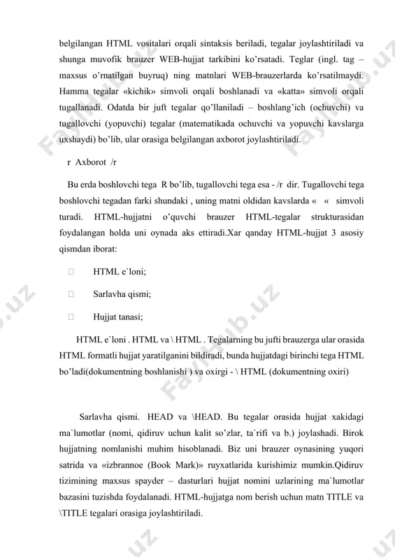 ifa kodini yozish mumkin. html head title 1-sahifa \title \head body bu erdasahifa bo’ladi: \body \html matnni formatlash. body bo’limida tabulyatciyaning hamma simvollari va satrlar oxiri brauzer tomonidan inkor qilinadi, lekin sahifa ko’rinishlariga xech ham ta`sir kilmaydi. shuning uchun html-hujjat boshlang’ich matndagi satr tarjima qilinganda, maxsus tegalar mavjud bo’lmasa, matnni ko’rsatuvchida yangi satr boshiga olib kelmaydi. bu qoidani yodda to’tish va satrlarni ajratuvchi tegalarni qo’yishni esdan chikarmaslik muhim, bo’lmasa matnda abzatc bulmaydi va uni o’qib bulmaydi. yangi satrni boshlash uchun br (kisk. ingl.break – o’zish ) tegi ishlatiladi. adabiyotlar . 1. a.levin "samouchitel rabotы na kompyutere", m. 1997. 2. n.v.makarova "informatika", uchebnik 6-7 klass. s.peterburg. 1998. 3.v.e.figurnov "ibm pc dlya polzovatelya" 6-e izdanie,moskva.1996