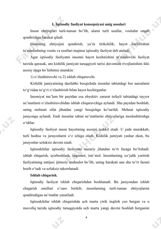 rbanizatsiya (urbahis — shahar)si ro‘y beradi. aholining asosiy qismi shaharlarda yashay boshlaydi; • ishlab chiqarish imkoniyatlarining kengayishi turli tuman ehtiyojlarni qondirish uchun yo‘l ochadi. ikkinchi «demografik portlash» iqtisodiyotning industrlashtirilishi bilan bog’liq. 1650-1974-yillarda aholi 7 marta ko‘paydi (1650-yili planetamizda 650 mln. kishi yashagan). dunyo aholisi ayniqsa keyingi 50 yil ichida tez sur’atlar bilan ko‘paydi. buning natijasida ehtiyojlarni qondirish bilan cheklangan ishlab chiqarish imkoniyatlari o’rtasida qarama-qarshilik kuchayib bordi. bu qarama-qarshilik 50- yillarda ro’y bergan fantexnika inqilobi natijasida echilmoqda. u xo’jalik rivojlanishi uchun kelajakda nihoyatda katta imkoniyatlar yaratadi. postindustrial bosqich quyidagi xususiyatlari bilan ajralib turadi: • iqtisodiyotning muhim sferasi — xizmat ko’rsatish nihoyatda tez rivojlanadi. unda ishlovchilarning 50-70% band bo’ladi; • fan bevosita ishlab chiqaruvchi kuchga aylanadi. fan yutuqlari natijasida ishlab chiqarishda, tabiatda mavjud bo’lmagan mahsulotlar yaratiladi; • xo’jalikning barcha tarmoqlarida va maishiy maqsadlarda informatika va hozirgi zamon hisoblash texnikasi yutuqlaridan keng foydalaniladi. jismoniy va aqliy mehnatni ham avtomatlashtirish kuchayadi; • korxonalarda ilmiy …