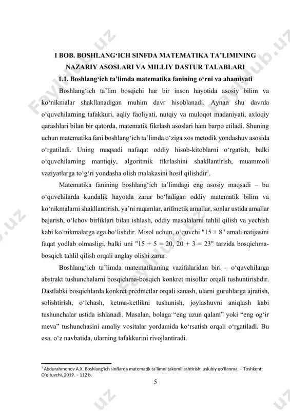 h chuqurligi oshadi. masalan, “bir savatda 12 dona olma bor edi. bolalar undan 4 tasini yeb qo‘yishdi. savatda necha dona olma qoldi?” kabi masalalar orqali o‘quvchilar real hayotiy vaziyatni matematik tilda anglashni o‘rganadilar. matematika darslari orqali o‘quvchilarning intizomi, mas’uliyati, aniqlikka, to‘g‘rilikka bo‘lgan e’tibori ham shakllanadi. masalan, formulani to‘g‘ri yozish, javobni aniq ifodalash, amallar ketma-ketligini buzmaslik – bularning barchasi o‘quvchida ichki tartib va diqqatni rivojlantiradi. bu esa faqat matematika uchun emas, balki boshqa fanlarda ham muvaffaqiyatli bo‘lishga xizmat qiladi. boshlang‘ich ta’limda matematikaning yana bir asosiy vazifasi – o‘quvchilarda kommunikativ va kooperativ ko‘nikmalarni shakllantirishdir. bu degani, o‘quvchi dars jarayonida guruhda ishlashni, o‘z fikrini ifodalashni, boshqalarni tinglashni, muhokama qilishni o‘rganadi. masalan, "o‘zing yaratgan masalani sinfdoshingga yechishga topshir" tarzidagi topshiriqlar o‘quvchilarning ijodiy fikrlashini rivojlantiradi va ularni muloqotga jalb etadi[footnoteref:2]. [2: alimov a.a., rasulova d.m. boshlang‘ich ta’limda o‘qitish metodikasi. – toshkent: fan, 2020. – 144 b.] matematika fani orqali informatika, texnologiya, fizika kabi kelajakda o‘rganiladigan …