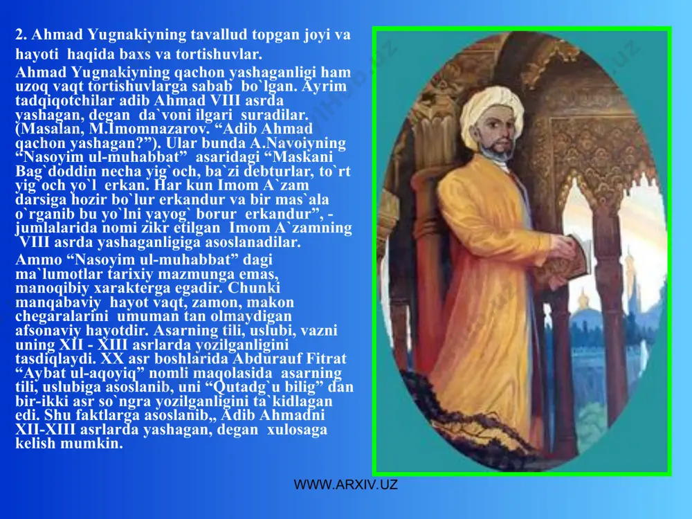 noli fikrlarini turkiy tilda ifodalashni asl maqsad qilib qo`ygan. shu tufayli o`z ijodining katta qismini turkiy til taraqqiyotiga baxshida etdi. bu haqda u shunday deydi: anin uz erur bu kitob bir so`zug, to`lulab keturdim kemishtim yuzug. mazmuni: bu kitob shuning uchun ham nafisdirki, har bir so`zni to`latib yozdim, keraksiz, yuzaki so`zlarni tashladim. www.arxiv.uz www.arxiv.uz “hibat ul-haqoyiq” dagi so`z qo`llash iqtidori, vazn, qofiya va radifdan o`rinli foydalanish mahorati shoirning she`riyat qonun-qoidalarini chuqur o`zlashtirganligidan dalolat beradi. asarning dastlabki uch bobi qofiya jihatdan bir butunlikni tashkil etib, dastlabki ikki misra o`zaro qofiyalanadi, boshqa baytlarning ikkinchi misralari ularga uyg`unlashadi. quyidagi misralarda murdaf (ridfli) qofiyaning bir ko`rinish ishlatilgan: ko`ngultin chiqarqil tavor suqliqin, kedim birla teb tut qorin to`qliqin. bu boyliq chig`oyliq ozuq yo`qlug`i, chig`oyliq tep ayma ozuq yo`qlug`in. mazmuni: ko`ngildan molga bo`lgan suqlikni chiqar, faqat kiyim bilan qorin to`qligini ko`zla. boylik, kambag`allik bu yemish-ozuq yo`qligidir, (aslida) oziq-ovqat yo`qligini qashshoqlik deb aytma. ma`lumki, raviy (qofiyalanuvchi so`z …