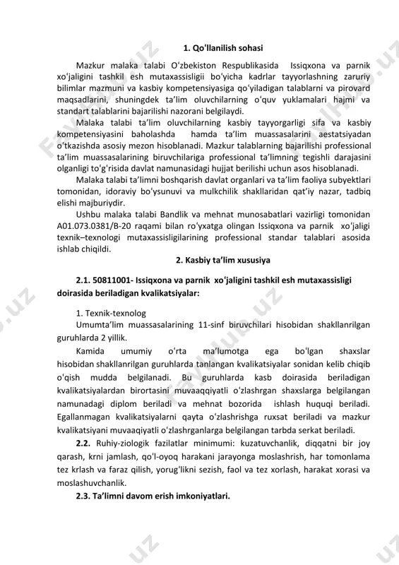 i ta’mirlash va ularni sozlash; · issiqxona va parniklarda o‘simliklarni simbag‘azda o‘stirish, shakl berish va chilpish; · issiqxona va parniklarda sabzavotlarni yetishtirishda zararkunandalarga qarshi kurashish; · issiqxona va parniklarda sabzavot yetishtirishda mikroiqlim monitoringni o‘tkazish; 3.2. 50811001-issiqxona va parnik xo‘jaligini tashkil etish mutaxassisligii bo‘yicha ta’lim oluvchi quyidagi faoliyat turlariga tayyorlanadi: · issiqxona va parniklar qurilish, inventar va foydali maydoni hisoblash; · issiqxona va parniklarda mikroiqlim sharoitlari yaratish; · issiqxona va parniklarda issiqlik sug‘orish va oziqlantirish manbalari boshqarish; · issiqxona va parniklarni shamollatish va ekinlarni chiniqtirish ishlarini bajarish; · issiqxona vaparniklarda o‘simlik uchun foydalai gazlar ta’minoti; · karbonat angidrid gazi bilan ta’minlash; · ekinlar uchun zararli gazlar va ularni kamaytirish choralarini amalga oshirish; · issiqxona va parniklardagi isitish qozonxonalari va ularga xizmat ko‘rsatish; · sug‘orish uskunalarini ta’mirlash va ularni sozlash; · issiqxona va parniklarda o‘simliklarni simbag‘azda o‘stirish, shakl berish va chilpish; · issiqxona va parniklarda sabzavotlarni yetishtirishda zararkunandalarga qarshi kurashish; · issiqxona …