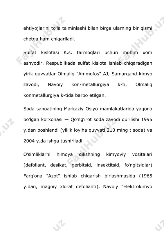 ni sezilarli darajada diversifikatsiya qilishga erishildi. avtomobilsozlik, shu jumladan, dvigatel hamda ehtiyot qismlar ishlab chiqarish, neft-gaz kimyosi, neft-gaz mashinasozligi, zamonaviy qishloq xo‘jaligi mashinasozligi, qurilish materiallari sanoati, temir yo‘l mashinasozligi, maishiy elektronika asboblari ishlab chiqarish, farmatsevtika va mikrobiologiya, oziq-ovqat, to‘qimachilik, charm-poyabzal sanoati hamda boshqa bir qator mutlaqo yangi tarmoqlarning yo‘lga qo‘yilishi bunga zamin yaratdi. samarqand shahrida avtobus ishlab chiqaruvchi “isuzu” (yaponiya) va yuk avtomobillari ishlab chiqaruvchi “man” (germaniya) zavodlari, buxoro neftni qayta ishlash zavodi, sho‘rtan gaz-kimyo majmuasi hamda yaqindagina ustyurt gaz-kimyo majmuasi foydalanishga topshirildi, farg‘ona neftni qayta ishlash zavodi to‘liq rekonstruksiya qilindi. natijada o‘zbekiston sanoatining tarmoq tuzilmasida sezilarli sifat o‘zgarishlari ro‘y berdi. buni quyidagi raqamlar ham tasdiqlaydi: iqtisodiy o‘sishning lokomotivi hisoblangan sanoatning ulushi 35 foizga yaqinni tashkil etadi, ayni paytda qishloq xo‘jaligining ulushi bosqichma-bosqich 18 foizgacha kamaydi, xizmatlar ulushi esa 33 foizdan 47 foizga ko‘tarildi. bunday o‘zgarishlar jadal rivojlanuvchi iqtisodiyotlarga xosdir. o‘zbekistonning sanoati diversifikatsiya qilinishi natijasida uning eksport tuzilmasi ham o‘zgarib …