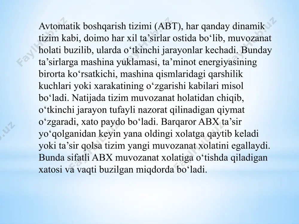 n va qatorlarining soni o‘zaro teng bo‘lgan kvadrat matrisa tuziladi: matrisaning bosh diagonali bo‘yicha dan boshlab gacha bo‘lgan koeffisientlar yoziladi. shu diagonaldan yuqoriga o‘sib boruvchi koeffisientlar, pastga esa indeksi kamayib boruvchi koeffisientlar yoziladi. mavjud bo‘lmagan koeffisientlarning o‘rni nollar bilan to‘ldiriladi. chiziqli tizim turg‘unligi uchun xarakteristik tenglama koeffisientlaridan tuzilgan (5.3) matrisaning n-ta determinantlari musbat ishorali bo‘lishligi zarur va yetarlidir. bosh determinantlar: ; ; ; (2) bular gurvis determinantlari (aniqlovchilari) deb ataladi. gurvisning oxirgi aniqlovchisi, yuqoridagi (2) matrisaga binoan determinanti: (3) shu sababli uni musbatliligi bo‘lganida va bo‘lish bilan izohlanadi. bularning ichida gurvis determinantlarining oxiridan oldingisi, ya’ni aniqlovchi eng muhimidir. mixaylov mezoni bo‘yicha barqarorlikni aniqlash mixaylov mezoni yopiq tizim xarakteristik vektori uchi chizadigan godografi (egriligi) bo‘yicha tizimning barqarorligi haqida xulosa qilishga imkon beradi. agar r almashtirilib, uning o‘rniga qo‘yilsa va esa 0 to o‘zgartirilsa, unda vektor o‘zining uchi bilan kompleks tekislikda mixaylov egriligini chizadi. bu ifoda r= deb olganda m darajadagi polinom …