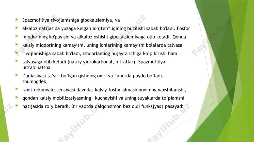 niga -geksenal 5% eritmasi 0.5 ml/ kg vazniga m/ o yoki 1% eritmasi 15mg/kg v/i surunkali gipoparatireoidizmda vitamin d2 (ergokalsiferol) 300 00£t 400 000 hb/sutkada berilaai. qondagi kalsiy miqdori normal 1 ash ganda (2,2 mmol/l vitamin d2 i yoshgacha bolalarga 50 000 xb/sutda va bir yoshdan katta bolalar uchun 75 000-125 000 hb/sut davom ettiriiadi. o’rindosh davo maqsadida qalqonsimon bez oldi bezining suyuq ekstrakti (paratireoidin) tavsiya etiladi, qonda kalsiy konsentrasiyasini ko’taradi. dorilar teri osliga yo’ki mushak orasiga 12 mi/ sut da qo’llaniladi, qon zardobida kalsiy miqdorini nazorat qilish kerak. 0,1% digidrotaxisterolning yog'li eritmasi (tuzilish va ta’siri bo’yicha vitamin dga yaqin} yaxshi samara beradi ,kalsiy va fos almashinuvini nazorat qiladi, ichak orqali kalsiy so'rilishi, peshob orqaii fosfor ekskresiyasini kuchaytiradi. dori ichishga 0^5 m g (^ to m c h i) kuniga 3 mahal tavsiya qilinad kalsiy dorilari bilan bir qatorda, qondagi kalsiy va fosforni, peshobda sulkovich reaksiyasi korsatgichini nazorat qilib turish …