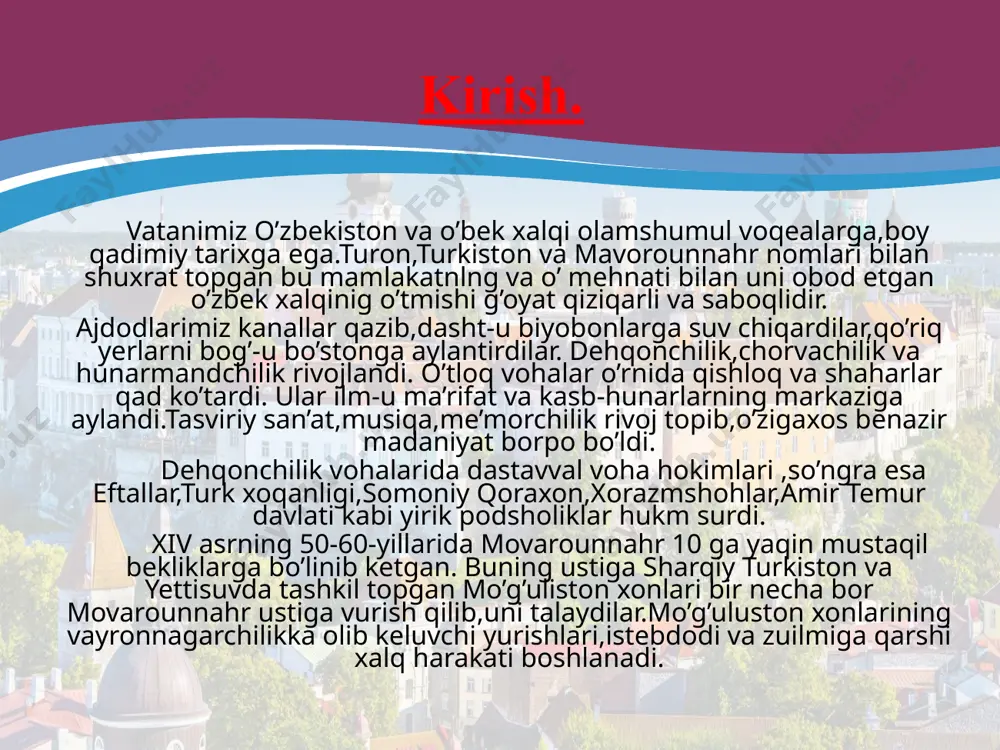 iy qo'llab-quvvatlaydi. anqara yaqinida turklarning 160 ming kishilik qo'shini ustidan qozonilgan buyuk g'alabadan so'ng amir temurning g'arbiy yevropa davlatlari bilan bo'lgan aloqalarining mazmuni tubdan o'zgaradi. xulosa amir temurning shundoq bepoyon saltanatida yettitagina noibi bo’lgan xolos. ammo shu yetti noib davlat ishlarini oqilona tebratib, birgini turon yurtini emas uning qamrovida bo’lgan barcha mamlakatlarni obodlashtirganlar. amir temur saltanatanati tarixiy zrurat edi. ijtimoiy hayot, xalqlarning hayot tarzi shunday buyuk bir shaxsning dunyoga kelishini kutar edi. turon, binobirin, movarounnahr, eron, ozarbayjon, xuroson mug’ullar oyog’i ostid ingrar, najot istar edi. shunday najot farishtasi amir temur bo’ldi. u tarix sahnasiga chiqib, turon zaminini mug’ullardan tozaladi, ammo o’zi podsho bo’lmadi. podsholik mug’ullar qo’lida qolaverdi. lekin amir temur amir-ul-umaro edi: u mug’ulzodalardan nomigagina xon tayinlar va bu qo’ng’iroq xonlar sohibqiron qo’lida har maqomga yo’rg’alar edilar. amir temur juda katta, quroq bir imperiyani boshqarish ishini nozik siyosat, tadbirkorlik bilan olib borganligini tarixchilar haqqoniy ifodalab berdilar. binobarin, amir temur saltanat …