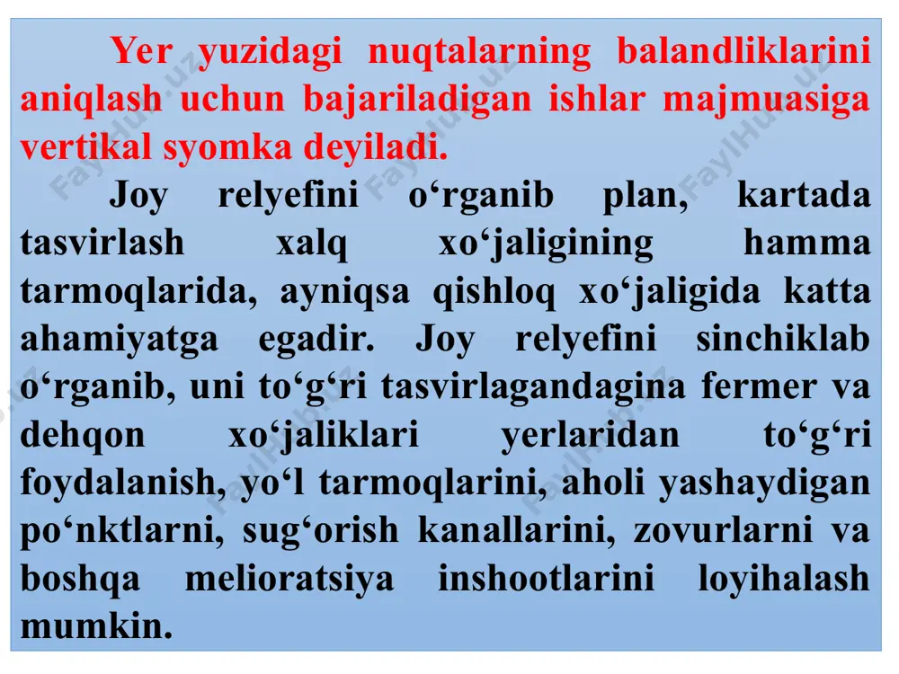 b о‘rnatiladi. h nisbiy baladlik esa qо‘yidagicha aniqlanadi: barometrik – nuqtada atmosfera bosimi bilan balandlik orasidagi bog‘lanishni aniqlashga asoslanadi, barometrlarda amalga oshiriladi; bu usulda nisbiy balandlik atmosfera balandlikda kam, pastlikda esa ortiq bо‘lishiga asoslanib aniqlanadi. agar joy turli balandliklarda yotuvchi nuqtalarni m (pastda) va n (balanda) bu nuktalardagi simobli borometr bosimini b1 va b2 desak, bu nuqtalar orasidagi nisbiy balandlik h quyidagi empirik formula yordamida aniqlanadi. h=18470(1+0.0037((t1 +t2 )/2)(lg в1 + lg в2 ) bu yerda t1 t2 – m va n nuqtalardagi havo temperaturasi, 18470 – o’zgarmas koeffitsiyent; 0,0037 – temperaturaviy koeffitsiyent gidrostatik – tutash idishlarda suyuqlik satxining baravar turishiga asoslanadi bu bazan shlangaviy nivelirlash deb ham ataladi. gidrostatik nivelirlashning aniqligi yuqori bо‘lganidan bu usul inshootlarning chо‘kishini aniqlashda, daryo yoki jarlik orqali nivelirlash ishini bajarishda va boshqa ishlarda qо‘llaniladi. bu usul tutash idishlardagi suyuqlik yuzasining bir gorizontda turish qonuniga asoslanadi. texnik ishlarda qо‘llaniladigan, texnik shlangaviy nivelir (nsht – 1) …