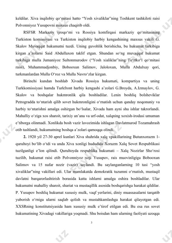 lari xiva shahrida xalq vpakillarining butunxorazm 1-qurultoyi bo‘lib o‘tdi va unda xiva xonligi hududida xorazm xalq sovet respublikasi tuzilganligi e’lon qilindi. qurultoyda respublika hukumati – xalq nozirlar sho‘rosi tuzilib, hukumat raisi etib polvonniyoz xoji yusupov, rais muovinligiga bobooxun salimov va 15 nafar nozir (vazir) saylandi. bu saylanganlarning 10 tasi “yosh xivaliklar”ning vakillari edi. ular mamlakatda demokratik tuzumni o‘rnatish, mustaqil davlatni barqarorlashtirish borasida katta ishlarni amalga oshira boshladilar. ular hukumatni mahalliy sharoit, shariat va mustaqillik asosida boshqarishga harakat qildilar. p. yusupov boshliq hukumat xususiy mulk, vaqf yerlarini, diniy muassasalarni tarqatib yuborish o‘rniga ularni saqlab qolish va mustahkamlashga harakat qilayotgan edi. xxsrning konstitutsiyasida ham xususiy mulk e’tirof etilgan edi. bu esa rus sovet hukumatining xivadagi vakillariga yoqmadi. shu boisdan ham ularning faoliyati uzoqqa bormadi. sovet hukumati xxsrning ichki ishlariga qo‘pol ravishda aralasha boshladi, uning mustaqil ish olib borishiga deyarli imkon bermadi. sovet hukumatining xivadagi vakillari 1920 yil avgust oyida qo‘shmamedxon va g‘ulomalixonlarni …