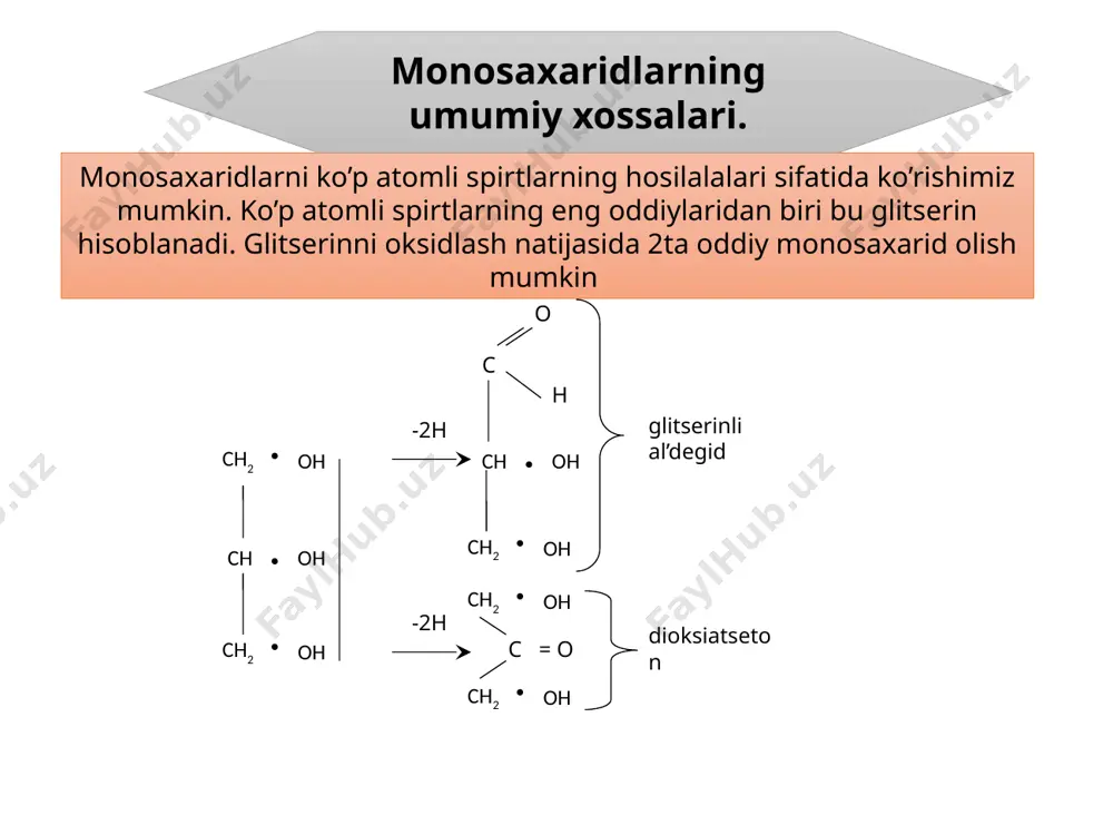 galaktoza glyukoza glyukoza glyukoza glyukoza disaxaridlar – monosaxaridlarning 2-ta molekulasi qoldiqlarining o’zaro birikishidan tuzilgan. disaxaridlar 2-ta geksoza, 2-ta pentoza yoki geksoza va pentozalar bilan birikishi mumkin. monosaxaridlarning 2 molekulasi bilan birikkanligi sababli disaxaridlar glyukozidlar hisoblanadi. kislota yoki o’ziga xos bo’lgan fermentlar bilan qizdirilganda disaxaridlar gidrolizga uchraydi – monosaxaridlar 2ta molekulaga ajraladi. disaxaridlarning gidrolizlashda eng ko’p tarqalganlari quyidagi ko’rinishda bo’ladi. saxaroza – c12h22o11. o’simliklarning barglarida, tolalarida, urug’larida, mevalarida, ildizlarida juda ham keng tarqalgan. insonning ovqatlanishida muhim rol’ o’ynaydi. saxarozaning erish harorati 160 – 186°s ga teng. disaxaridlar. oziq – ovqat sanoatida saxaroza olish uchun asosiy xom ashyo bo’lib qand lavlagi va qandli trostnik hisoblanadi. melibioza – c12 h22 o11. trisaxarid rafinoza tarkibiga kirib bir qancha o’simlik sharbatlarida erkin holda bo’ladi. melibiozaning erish xarorati 82 – 85°s. melibioza 6 glyukoza – x - galaktoza hisoblanadi. laktoza. (sut qandi) sut emizuvchi hayvonlarning suti tarkibida bo’ladi. ayrim o’simliklarning gul naychalarida ham topilgan. kefir va …