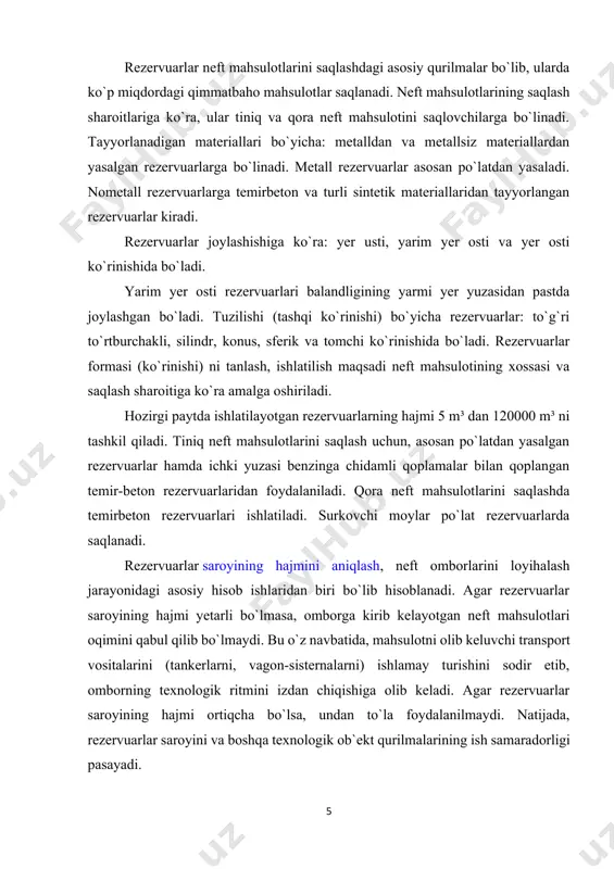 keluvchi transport vositalarini (tankerlarni, vagon-sisternalarni) ishlamay turishini sodir etib, omborning texnologik ritmini izdan chiqishiga olib keladi. agar rezervuarlar saroyining hajmi ortiqcha bo`lsa, undan to`la foydalanilmaydi. natijada, rezervuarlar saroyini va boshqa texnologik ob`ekt qurilmalarining ish samaradorligi pasayadi. hozirgi zamon po`lat rezervuarlarining ko`rinishi texnologik maqsadga ko`ra: tik silindrik, tomchi va yotiq (sisterna) ko`rinishida bo`ladi. tik silindrik ko`rinishidagi po`lat rezervuarlar o`z navbatida past bosimli “atmosfera”, pontonli va suzib yuruvchi qopqoqli rezervuarlarga bo`linadi. past bosimli rezervuarlarning ichki havo bo`shlig`idagi bosim atmosfera bosimiga yaqin bo`ladi, ya`ni uning qiymati 2000 pa (0,02 kgs/sm²) gat eng. bunday rezervuarlarga tomi konus va sferik ko`rinishda yopilgan rezervuarlar kiradi. bunday rezervuarlarda sekin bug`lanadigan neft mahsulotlari-kerosin, dizel, yoqilg`isi va boshqalar saqlanadi. konus ko`rinishidagi rezervuarlarning hajmi 100 m³ dan 5000 m³ gacha, sferik ko`rinishidagilarniki esa 10000, 15000 va 20000 m³ ni tashkil qiladi. yengil bug`lanuvchan neft mahsulotlari (benzinlar)ni saqlashda maxsus konstruksiyaga ega bo`lgan suzib yuruvchi qopqoqli, pontonli yoki yuqori bosimli tomchi ko`rinishidagi …