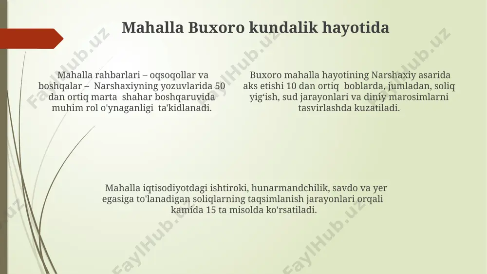 sil tasvirlangan. narshaxiyning asarida mahalla hayoti 100 dan ortiq voqea va tafsilotlarda aks etadi, bu uning ijtimoiy hayotdagi markaziy rolini ko'rsatadi. mahalla hokimiyati, soliq yig'ish va sud ishlari kabi davlat funksiyalarining bajarilishida muhim rol o'ynaganligi narshaxiyning yozuvlarida bir necha marta qayd etilgan. mahalla buxoro ijtimoiy tuzilmasida mahalla buxoro ijtimoiy tuzilmasining asosiy birligi sifatida, narshaxiyning yozuvlarida 50 dan ziyod marta, turli kontekstlarda, jumladan, diniy marosimlar va mahalliy boshqaruvda tilga olinadi. buxoro mahalla tarixining narshaxiy asarida 10 dan ortiq alohida zikr etilgan iqtisodiy funksiyalari mavjud bo'lib, ular hunarmandchilik, savdo va soliq yig'ish kabi jarayonlarni o'z ichiga oladi. narshaxiyning asarida mahalla a'zolari tomonidan amalga oshirilgan 20 ga yaqin jamoat ishlari, masalan, infratuzilmani ta'mirlash va xayriya tadbirlari haqida ma'lumotlar keltirilgan. e'tiboringiz uchun rahmat @taqdimot_robot