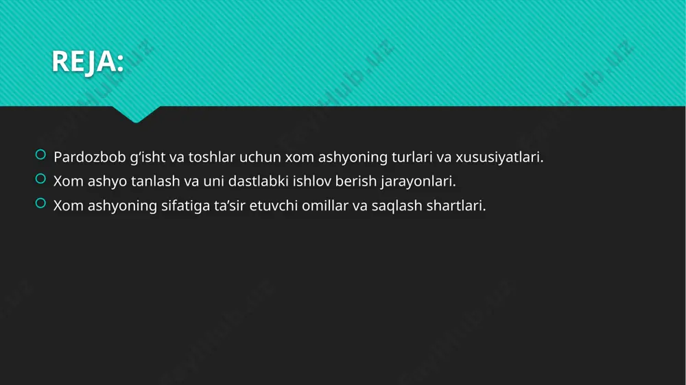 hdan o‘tadi. birinchi bosqichda materiallar tozalash va zarrachalarining noxush moddalaridan xoli bo‘lishi ta’minlanadi. tabiiy materiallar, masalan, qum va loy, avvaldan zarrachalarini ajratib olish uchun elakdan o‘tkaziladi. keyingi bosqichda, xom ashyo o‘lcham va shakliga keltiriladi, ya’ni g‘isht yoki tosh shaklini olish uchun uning zarrachalari tartibga solinadi. agar material sun’iy bo‘lsa, masalan, keramika massalari yoki tsement, ular to‘g‘ri aralashtirilishi va maxsus formulaga ko‘ra tayyorlanishi kerak. shuningdek, xom ashyo qo‘shimcha moddalar bilan aralashtiriladi. bunga polimerlar, bo‘yoqlar yoki boshqa mustahkamlovchi materiallar kiradi, bu esa mahsulotning mustahkamligini oshirishga yordam beradi. har bir materialning pishirish yoki quritish jarayoniga alohida e’tibor berish zarur, chunki harorat va vaqtning o‘zgarishi mahsulot sifatini ta’minlashda muhim rol o‘ynaydi. xom ashyo tanlash va uni dastlabki ishlov berish jarayonlari g‘isht va toshlarning sifatini shakllantiruvchi muhim bosqichdir. xom ashyo tanlashda uning tabiiy xususiyatlari, saqlash muddati va ishlov berishga mosligi hisobga olinadi. materialning tozaligi, yuqori sifatli bo‘lishi, o‘zgarmas struktura va tabiiy mustahkamligi talab qilinadi. xom …