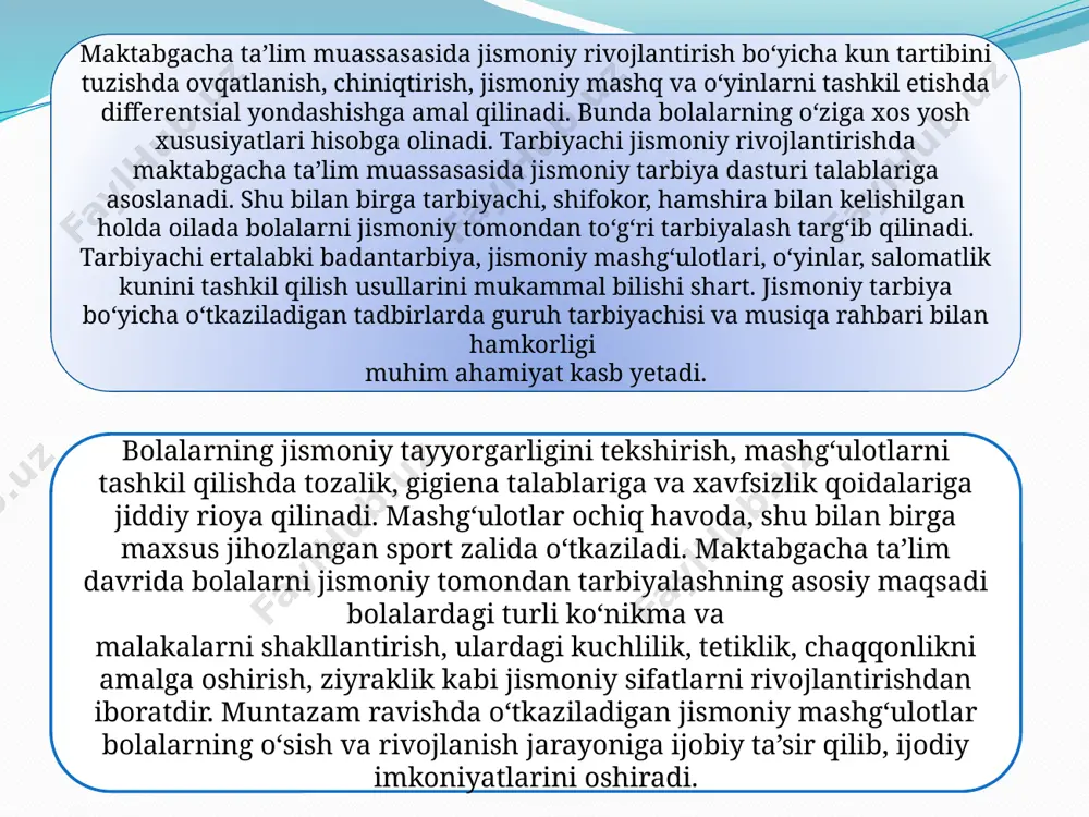 illikda ko‘p martalab takrorlanishi, masalan, yurish, yugurish, uloqtirish va hokazo mashqlarda alohida elementlarning har biri o‘rtasida muvaqqat bog‘lanishlar paydo bo‘ladi. dastlabki harakatni bajarishda boshlanadigan bo‘g‘im-muskul signalizatsiyasi bevosita keyingi tizimga mustahkamlanadigan, avtomatlashadigan barcha signallarni uyg‘otadi. bolalarda shu tufayli hosil bo‘ladigan dinamik stereotiplar juda barqaror bo‘ladi. biroq bolalarni asosiy harakatlarga o‘rgatish va ularni rivojlantirishda chidamli dinamik stereotipni shakllantirish, tezda qayta qura olish, tashqi muhitning o‘zgaruvchan sharoitga moslashish qobiliyatiga alohida e’tibor berishni talab etadi. bu mashqlarni turli variantlarini bajarish topshiriqlarni, harakat sur’atini ular bajaradigan sharoitni o‘zgartirish yo‘li bilan amalga oshiriladi. адабиётлар: 1. ахмедова з., аюпова м., хамидова м. логопедик ўйин. тошкент2013. 2. м.аюпова. логопедия. тошкент-2007. и.г. веретенникова. логопедическая работа с детьми дошкольного возроста. тошкент – 1998. нуркелдиева д.а., аюпова м.ю.,ахмедова з.м. бармоқлар машқи ва логопедик ўйинлар. тошкент “янги аср авлоди” 2007. image2.png image3.png image4.png image5.png image6.png image7.png image8.png image9.png image10.png image11.png image12.png image13.png image14.png /docprops/thumbnail.jpeg
