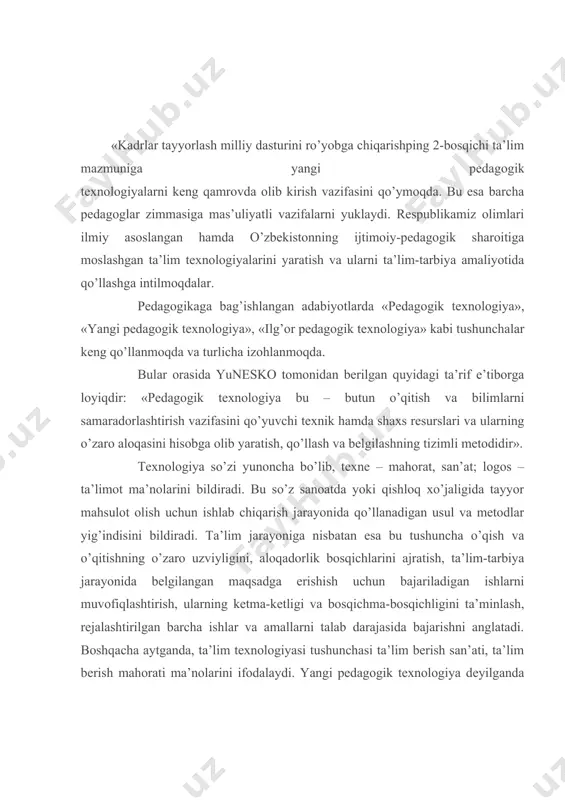 bajarishni anglatadi. boshqacha aytganda, ta’lim texnologiyasi tushunchasi ta’lim berish san’ati, ta’lim berish mahorati ma’nolarini ifodalaydi. yangi pedagogik texnologiya deyilganda ta’lim berish san’atini ishga solib, uni samarali tashkil etish, uni jahon andozalari darajasiga ko’tarish tushuniladi. pedagogik texnologiya atamasi ta’lim jarayoniga yangicha, o’ziga xos belgi va xususiyatlarga ega bo’lgan tizimli yondashuvga asoslanadi. bu talim jarayoniga innovasion yondashuv demakdir. yangi ta’limni tashkil etishda jahon pedagogikasi amaliyotida qo’llaniladigan ilg’or metod va usullar, texnika vositalari, o’qitishning shakllarini ta’lim jarayoniga har bir o’quvchi shaxsi, ruxiy o’ziga xosligi, intellektual imkoniyatlari, milliy va ijtimoiy xususiyatlarini inobatga olgan holda olib kirish demakdir. yangi pedagogik texnologiya o’quvchiga ta’lim jarayonining sub’ekti, ya’ni faol ishtirokchisi, o’qituvchiga esa shu jarayonning tashkilotchisi, boshqaruvchisi sifatida qarashni taqozo etadi. darsda o’quvchi faol ishlovchi shaxs bo’lib, u butun mashg’ulot jarayonida egallagan bilimlarini xotirada tiklaydi, uni qisman yangi sharoitlarda qo’llaydi, aqliy faoliyat usullarini bajarib, ma’lumdan noma’lumga qarab boradi. yangi pedagogik texnologiyaning mohiyati o’quvchini mustaqil fikrlashga o’rgatish, bilim olishga …