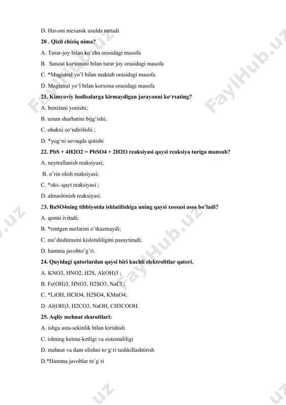 igi c. ximoya ekranlarini mavjudligi d.* ishchi tanasining nurlanish qismining o‘lchami 32. maktablarda havo almashinuvi qanday yo'1 bilan amalga oshiriladi? a. tabiiy b. sun'iy c. *tabiiy va sun'iy d. havo umuman almashtirilmaydi 33. stulning balandligi qanday bo’lishi kеrak? a. bola oyoqining son qismiga tеng b. bola oyoqining uzunligiga tеng c. bola oyoqining boldir qismiga tеng d. *stuldan polgacha 60 sm 34. sport zalida dеrazalar qanday o’rnatiladi ? a. *dеrazalar qarama qarshi tomondan ikki tomonlama o’rnatiladi b. dеrazalar bir tomonlama o’rnatiladi c. dеrazalar shiftga o’rnatiladi d. dеrazalar umuman o’rnatilmaydi 35. bolalar nmassasalari qanday joyga qurilishi kerak? a. *aholi yashaydigan joyga yaqin, zavodlardan, temir yo'l va bozorlardan uzoqroq joyga b. aholi yashaydigan va bozorlarga yaqin joyga c. aholi yashaydigan, bozorlarga yaqin, lekinyong’indan saqlovchi korxonlardan uzoqroq joyga d. zavod va fabrikalarga, temir yo’lga yaqin joyga 36. buyrak kasalliklari bor bolalar qanday paypoqlar kiyishlari man etiladi? a.*tabiiy ipdan tayyorlangan b. sun’iy toladan tayyorlangan c. …