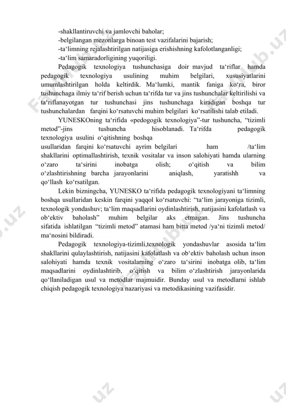 lgan ta‘riflarni va uning muhim belgilari, xususiyatlarini quyida umumlashtirilgan holda keliramiz. yunesko tashkiloti ma‘qullagan ta‘rif: «pedagogik texnologiya-bu, ta‘lim shakllarini optimallashtirish maqsadida texnik vositalar, inson salohiyati hamda ularning o‘zaro ta‘sirini inobatga olib, o‘qitish va bilim o‘zlashtirishning barcha jarayonlarini aniqlash, yaratishh va qo‘llashning tizimili metodidir”. /progremmsivnie pedagogicheskie texnologii, toshkent, 1999,3-bet/. boshqa mualliflarning ta‘riflari. -pedagogik texnologiya-amaliyotda joriy etishh mumkin bo‘lgan ma‘lum pedagogik tizimning loyihasidir; -pedagogik texnologiya-ta‘lim-tarbiyadan ko‘zlangan maqsadga erishish uchun o‘quv jarayonida qo‘llaniladigan usullar, vositalar majmuidir; -pedagogik texnologiya oldindan belgilangan, loyixalashtirilgan o‘quv-tarbiya jarayonini izchil oshirish kabilar. yuqorida keltirilgan ta‘riflar pedagogik texnologiya usulining mazmunini anglash va aniqlash jarayoni hali poyoniga etmaganligidan dalolat beradi. bu masalaga oydinlik kiritish uchun avvalo, pedagogik texnologiya usulining muhim belgilarini aniqlash talab etiladi. pedagogik adabiyotlarni o‘rganishh va tahlil etishh pedagogik texnologiyaning muxim xususiyatlari, belgilari qatorida quyidagilarni ko‘rsatishga imkon beradi: -ta‘lim jarayonini oldindan loyihalash va sinfda o‘quvchilar bilan qayta ishlab chiqish; -tizimli yondashuv asosida talabaning o‘qish-blish faoliyati tasvirlaydigan ta‘lim jarayoni loyihasini …