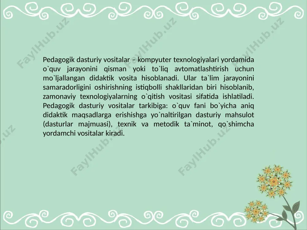 iallarini o‘zlashtirish jarayonida kompyuter texnologiyalari yordamida foydalanish uchun yaratiladi. o‘quv materiallari bosqichma-bosqich, mashq va topshiriqlar ketma-ketlikda taqdim qilinadi, javoblarning to‘g‘ri-noto‘g‘riligi tasdiqlanadi, yo‘l qo‘yilgan xatolar displeyda aks etadi, o‘quvchilarning o‘zlashtirilishi nazorat qilinadi va baholanadi. o‘rgatuvchi dasturlar yangi materialni talabalar tomonidan o‘rganish, o‘zlashtirish uchun mo‘ljallangan bo‘lib, ular maxsus dasturlar asosida ishlab chiqiladi. masalan, autoplay, adobe flash, html, javascript, micromedia, dramveawer, delphi, visualbasic, c++ builderba boshqa zamonaviy dasturlash tillari shular jumlasiga kiradi 2. test dasturlari -egallangan bilim, malaka va ko‘nikmalarni tekshirishyoki baholash maqsadlarida quiz creator, easyquizzy, ispring quizmakerkabi universal test dasturlaridan keng foydalinishdir. ushbu test dasturlari bir tanlovli, ko‘p tanlovli, qiyosiy, tartibli, sonli, muvofiqlikni aniqlash kabi imkoniyatlarga ega. hozirgi kunda o‘quv jarayonida ko‘p hollarda o‘qituvchi tomonidan talabalarga berilayotgan joriy, oraliq va yakuniy nazorat topshiriqlari yuqoridagi test dasturlari asosida tashkil etilmoqda. 3. mashq dasturlari –interfaol didaktik elektron o‘yinlar va mavzuga doir topqirlik mashqlari. hozirgi kunda ko‘plab rivojlangan mamlakatlarning o‘quv jarayonida turli xil ta’limiy dasturiy …
