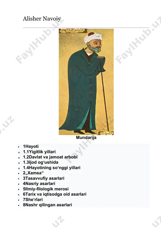 nat nizomi degani boʻlib, donishmand mansab egalariga beriladigan sifat, „mir“ — amir demakdir. uning otasi gʻiyosiddin muhammad (uni gʻiyosiddin kichkina ham der edilar) temuriylar saroyining amaldorlaridan, xonadonning ishonchli kishilaridan edi. onasi amirzoda shayh abusaid changning qizi boʻlgan, ismi maʼlum emas. alisherning bobosi temurning oʻgʻli umarshayx bilan emikdosh (koʻkaldosh) boʻlgan ekan. buyuk shoir oʻz asarlarida bu qutlugʻ dargohga yaqinligidan iftixor etishini bayon qiladi. shuningdek, uning tarjimai holiga oid ayrim lavhalar asarlarida uchraydi. bu tabarruk zot toʻgʻrisidagi baʼzi maʼlumotlarni esa uning zamondoshlari oʻz kitoblarida beradilar. alisher saroy muhitida yashaganligi uchun alohida tarbiya va nazoratda oʻsdi. kichiklik chogʻidan sheʼr va musiqaga ishqi tushdi. olimu fozillar davrasida boʻldi. uch-toʻrt yoshlarida davrining mashhur shoiri qosim anvorning bir sheʼrini yod aytib, mehmonlarni hayratga soldi. bir yildan soʻng uni maktabga berdilar. u boʻlajak sulton husayn bayqaro bilan birga oʻqidi. uning zehni va iqtidori haqidagi gaplar esa el orasida tarqalib bordi. 1447-yilda shohruh mirzo vafot etib, temuriy shahzodalar …