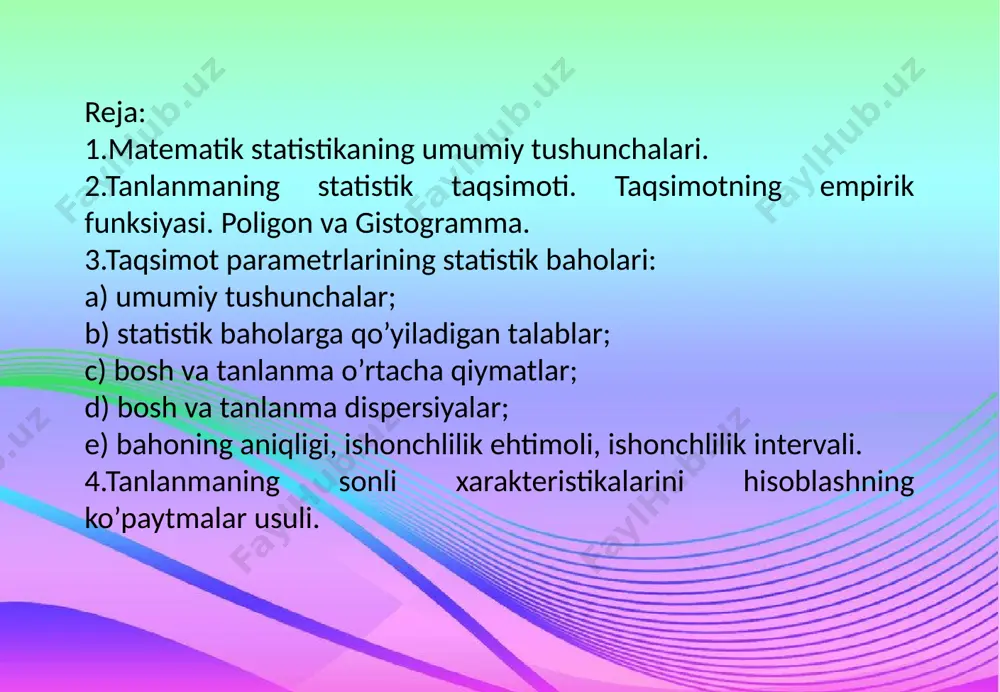 h mumkin. matematik statistika xvii asr oxiri xviii asr boshlarida ya.bernulli, p.laplas. i.muavr ishlarida vujudga keldi. matematik statistikaning rivojlanishida k.gauss, a.ketli, f.galton, k.pirson, p.l.chebishev, a.a.markov, a.m.lyapunov, st’yudent, r.fisher, v.i.romanovskiy, a.n.kolmogorov, b.v.gnedenko, t.a.sarimsokov, s.h.sirojiddinovlarning xizmati kattadir. hozirgi zamonda matematik statistika jo’shkin suratlar bilan rivojlanayotgan fanlardan bo’lib, axborat texnologiylarining keng qo’llanilishi bilan qo’yiladigan masalalari doirasi va ularni tekshirish usullari ham shiddat bilan rivojlanmoqda. 1,2) matematik statistikaning asosiy tushunchalari. biror korxona katta sondagi mahsulot ishlab chiqargan bo’lib, bu mahsulotni sifat yoki boshqa belgilari bo’yicha tekshirilishi talab etilsin. ba’zan yalpi tekshirish utkaziladi, ya’ni mahsulotning har birini o’rganilayotgan belgiga nisbatan tekshiriladi. lekin yalpi tekshirish amalda nisbatan kam qo’llaniladi. masalan, mahsulotlar soni juda katta bo’lsa, u holda yalpi tekshirish o’tkazish jismonan mumkin emas. bundan tashqari tekshirilgan mahsulot ishlatishga yaroqsiz holga keladi (gusht va baliq konservasi, elektrolampochkasining yonish vaqtini tekshirish va boshkalar). yalpi tekshirish iqtisodiy nuqtai nazardan ham maqsadga muvofiq kelmaydi. bunday hollarda to’plamdan chekli sondagi mahsulotlar …