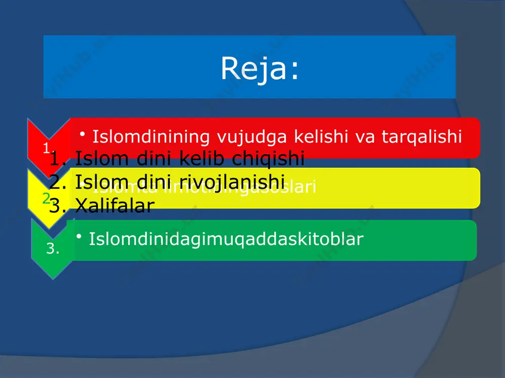 g’ambar “so’zi “ezgu amallar haqida xabar beruvchi” degan ma’noni anglatadi.islomni qabul qilib,rasulullohga ergashgan uning izdoshlari “muslim” deb atalgan. muhammad (s.a.v) 630-yili arablarni yagona davlatga birlashtiradi.arab davlati yamandan sino yarim oroligacha,qizil dengiz sohillaridan markaziy qum sahrosigacha cho’zilgan hududlarni o’z ichiga olgan. muhammad vafot etgach,davlatni xalifalar boshqarganlar.632-yildan 661-yilgacha bo’lgan vaqt ichida 4 nafar xalifa hukmronlik qilgan.bular muhammadning qaynatalari abu bakr va umar,kuyovlari usmon va alilar edi. xalifa umar davrida suriya,falastin,misr,shimoliy afrika,iroq istilo qilinib, islom dini dunyo bo’ylab tarqala boshlagan.viii asrda o’rta osiyoda fath etilgan yerlarda aholini islom diniga kiritish harbiy to’qnashuv,da’vat hamda soliq siyosati bilan amalga oshirildi. islom dini ix-x asrlarda tataristonda, x-xii asrlarda boshqirdistonda tarqalgan. islom dining ta’limoti uning muqaddas kitobi qur’oni karimda bayon etilgan.unga ko’ra islom ta’limotining asosini imon,islom va ehson tashkil etadi.imon 7 aqidaga asoslanadi. allohga payg’ambarlarga oxiratga o’lgandanso’ngtirilishgaishonishdir taqdirga farishtalarga muqaddaskitoblarga 1.alloh-dunyodagi barcha mavjudotlarni yaratgan.olamda yuz bergan va kelajakda yuz beradigan barcha voqea va hodisalar,dunyoning tugashi va oxirat …