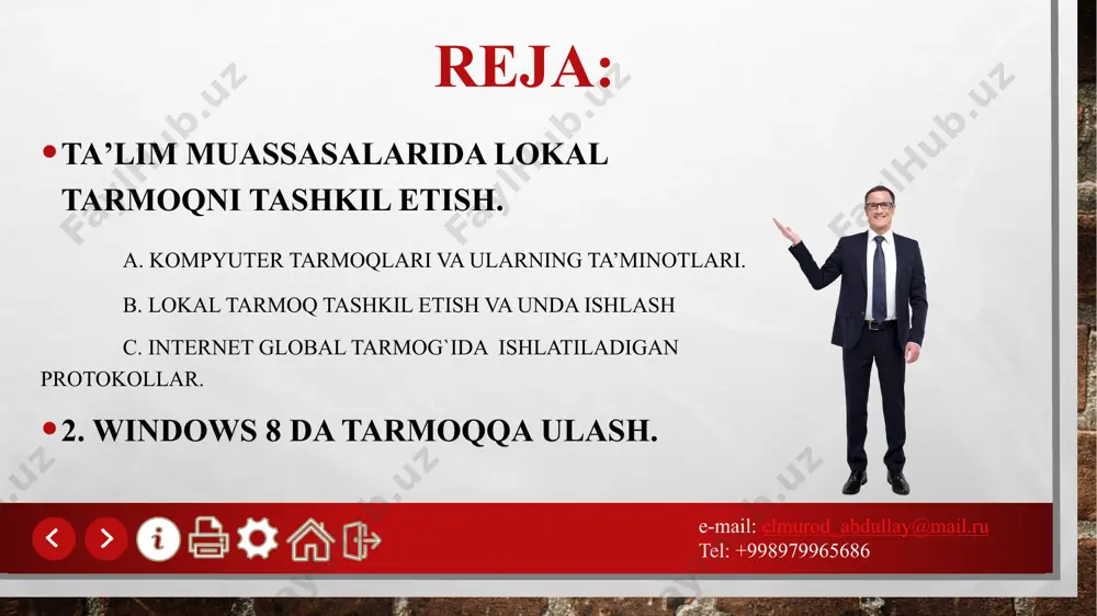 lari saqlanadi. e-mail: elmurod_abdullay@mail.ru tel: +998979965686 konsentrator (hub) - tarmoqqa ulanishga qodir qurilmalarni birlashtirib, mahalliy tarmoq hosil qilishda qo`llaniladigan eng oddiy qurilma. e-mail: elmurod_abdullay@mail.ru tel: +998979965686 axborotni uzatish kabellari -tarmoqda axborotni bir kompyuterdan boshqasiga uzatish uchun xizmat qiladi. e-mail: elmurod_abdullay@mail.ru tel: +998979965686 e-mail: elmurod_abdullay@mail.ru tel: +998979965686 e-mail: elmurod_abdullay@mail.ru tel: +998979965686 e-mail: elmurod_abdullay@mail.ru tel: +998979965686 e-mail: elmurod_abdullay@mail.ru tel: +998979965686 modem -axborotni kompyuterdan uzatish kabeliga (yoki telefon aloqa tarmog`iga) o`tkazuvchi maxsus elektron qurilma. modem “modulyator” va “demodulyator” so`zlari birikmasidan kelib chiqqan bo`lib, uning yordamida axborot uzatuvchi kompyuterda raqamli ko`rinishdan anolog ko`rinishiga aylantiriladi, shuningdek qabul qiluvchi kompyuterda anolog ko`rinishdan raqamli ko`rinishga aylantiriladi. e-mail: elmurod_abdullay@mail.ru tel: +998979965686 ishchi stansiyalar - bu foydalanuvchi kompyuterlaridir. e-mail: elmurod_abdullay@mail.ru tel: +998979965686 ir - adreslash. tcp/ip tarmog`iga ulangan har bir kompyuter o`zining ip adresiga ega. u 32 razryadli ikkilik son bilan ifodalanadi. masalan: 01001011001001001011010010100101. bunday adresni yodda saqlash qiyin. shu bois u 8 bitdan iborat 4 blokka bo`linib o`nli …