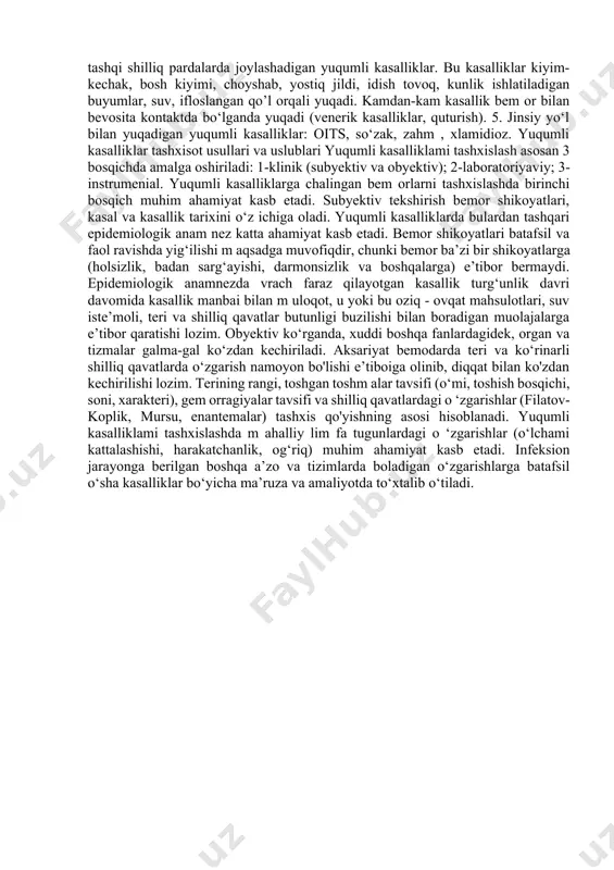 lganda, aksirganda, gapirganda tupuk zarrachalari bilan tashqariga chiqariladi va havo orqali sog'lom odamlarga yuqadi. bu kasalliklar, o ‘z navbatida, 4 guruhchaga bo‘linadi: a) bu guruhchaga kiradigan kasallikiarning qo‘zg‘atuvchilari kirgan va o ‘m ashgan joyda ko‘payadi (qizamiq, ko‘kyo‘tal) b) bu kasalliklaming qo‘zg‘atuvchilari birinchi kirgan va o‘mashgan joyidan qonga tushishi va boshqa organlami zarariashi mumkin (epidemik meningit, epidem ik ensefalit, pnevmoniya, epidemik parotit). v) nafas yo‘llari orqali kirgan patogen mikroorganizmlar qonga tushib, keyin ten va shilliq pardalarda turii spetsifik patologik o‘zgarishlaiga (papula, pustula, granulyoma) sabab bo‘ladi (chinchechak, suvchechak, moxov). g) bu kasalliklar havo - tom chi yo‘lidan tashqari vositali m uloqot yo'li bilan h am (idish-tovoq, o ‘yinchoqlar, ro‘m olcha va boshqa buyum lar o rq ali) yuqishi m um kin (difteriya, skarlatina, angina, qisman parotit-tepki). 3. qon orqali yuqadigan yuqum li kasalliklar. bu kasalliklaming qo‘zg‘atuvchiiari faqat bem orlam ing qonida bo'ladi. shu sababdan bu kasalliklar faqat qon so‘radigan hasharotlar chaqishi orqaligina …
