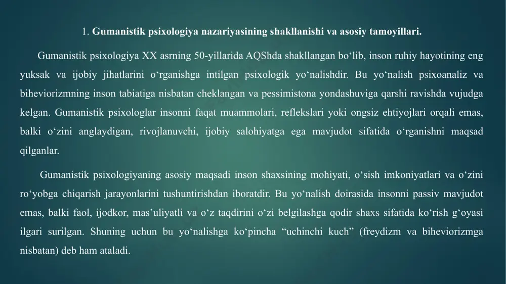 htiyojlar ierarxiyasi” nazariyasidir. maslow inson ehtiyojlarini besh bosqichga ajratgan: fiziologik ehtiyojlar – ovqat, suv, uyqu, nafas olish; xavfsizlik ehtiyoji – jismoniy va ruhiy xavfsizlik; sotsial ehtiyojlar – muhabbat, do‘stlik, ijtimoiy aloqa; hurmatga bo‘lgan ehtiyoj – o‘ziga va boshqalarga nisbatan hurmat; o‘zini ro‘yobga chiqarish ehtiyoji – ijodkorlik, bilim olish, o‘z salohiyatini amalga oshirish. maslowning fikricha, yuqori bosqichdagi ehtiyojlar quyi bosqichlar qondirilgandan keyin yuzaga chiqadi. inson o‘zining eng yuqori ehtiyoji – o‘zini ro‘yobga chiqarish darajasiga yetganda, u to‘liq shaxs bo‘lib shakllanadi va o‘zini baxtli his qiladi. maslow shuningdek, “o‘zini ro‘yobga chiqargan shaxslar” haqida tadqiqotlar olib borgan. u bunday odamlarga a. eynshteyn, a. linkoln, e. roozvelt, m. tereza kabi insonlarni misol qilib keltirgan. ularning umumiy xususiyati – ijodiylik, samimiylik, mustaqillik va ijtimoiy mas’uliyat hissining kuchliligi. karl rogers (1902–1987) karl rogers ham gumanistik psixologiyaning eng nufuzli vakillaridan biridir. u, ayniqsa, mijozga yo‘naltirilgan terapiya (client-centered therapy) usuli bilan mashhur. rogers insonning shaxsiy rivojlanishiga va ichki …