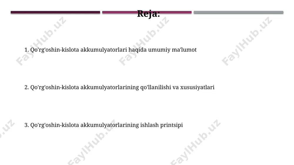 va kamchiliklari qo'rg'oshin-kislota akkumulyatorlari arzonligi (taxminan 10-20 aqsh dollari) va keng tarqalganligi tufayli dunyo bo'ylab, jumladan o'zbekistonning qishloq hududlarida ham keng qo'llaniladi. ushbu akkumulyatorlarning yuqori quvvat zichligi (taxminan 150 vt/kg) avtomobillar, ups tizimlari va boshqa yuqori quvvat talab qiladigan qurilmalar uchun juda qulaydir, ammo ularning xizmat muddati cheklangan (taxminan 3-5 yil). ishlab chiqarish jarayoni qoʻrgʻoshin kislota akkumulyatorlarining ishlab chiqarish jarayonida, jahon boʻyicha yiliga 100 million tonnadan ortiq qoʻrgʻoshin xom ashyosi ishlatiladi, asosan xitoy va aqsh kabi mamlakatlarda. aktiv materiallarni tayyorlash jarayoni, masalan, qoʻrgʻoshin oksidini 150-250°c haroratda qizdirish orqali amalga oshiriladi, undan keyin maxsus qotishmalar qoʻshiladi. texnik xususiyatlari va turlari qo'rg'oshin-kislota akkumulyatorlarining nominal kuchlanishi 2v dan 24v gacha o'zgarib turadi va ularning sig'imi, masalan, 100 ah dan 2000 ah gacha bo'lishi mumkin, bu esa turli xil qurilmalar, jumladan, avtomobillar (o'zbekiston) va energiya saqlash tizimlarida qo'llanilishini ta'minlaydi. ushbu akkumulyatorlarning o'ziga xos xususiyati past o'z-o'zidan tushirish koeffitsiyenti (taxminan 1% kuniga 25°c da) bo'lib, …