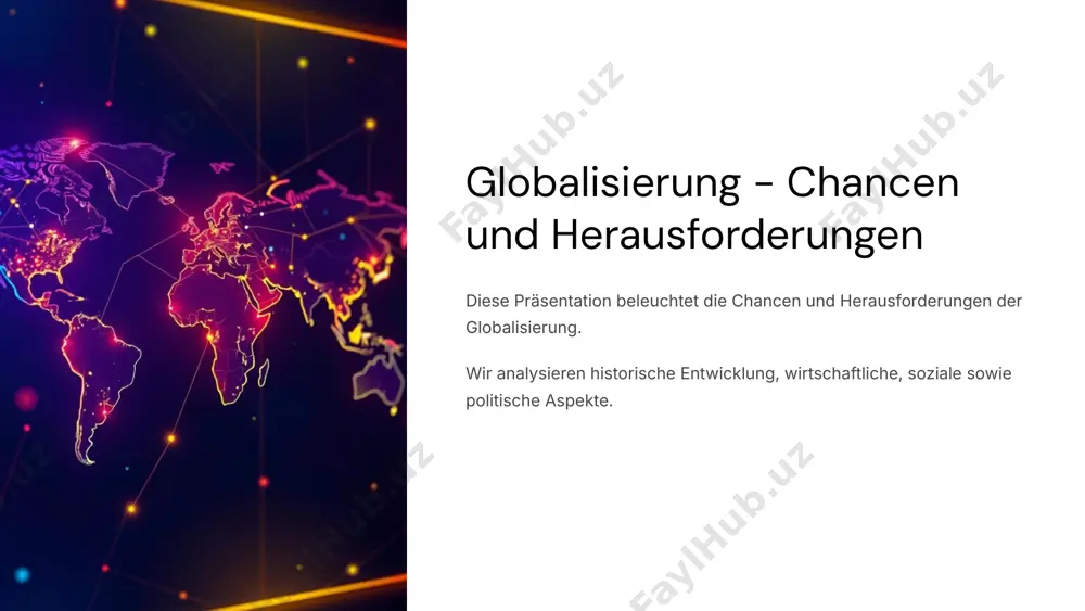 und umweltverschmutzung nehmen weltweit zu. globale umweltinitiativen zusammenarbeit zur förderung nachhaltiger praktiken wächst. 7 politische herausforderungen der globalisierung 1 souveränitätsverlust länder geben teilweise kontrolle an internationale organisationen ab. 2 regulierung globale regeln müssen nationale gesetze ergänzen oder ersetzen. 3 interessen-konflikte ungleiche machtverhältnisse erschweren weltweite zusammenarbeit. 4 sicherheitsfragen globale krisen benötigen koordinierte politische reaktionen. 8 ungleichheiten und ungerechtigkeiten in der globalisierten welt wirtschaftliche ungleichheit reiche profitieren überproportional vom globalen handel. zugang zu ressourcen marginalisierte gruppen bleiben oft ausgeschlossen. arbeitsbedingungen ausbeutung und prekäre beschäftigung in niedriglohnländern. globale verantwortung notwendigkeit fairer handels- und arbeitsstandards weltweit. 9 nachhaltige gestaltung der globalisierung förderung fairer handelspraktiken einführung globaler standards für soziale und ökologische verantwortung. stärkung lokaler gemeinschaften unterstützung nachhaltiger entwicklung und bildung vor ort. innovation und umwelttechnik investition in saubere technologien und kreislaufwirtschaft. internationale zusammenarbeit ausbau globaler partnerschaften für nachhaltige lösungen. 10 fazit und ausblick globalisierung bleibt chance und herausforderung erfordert ausgewogene strategien und globale kooperation. …