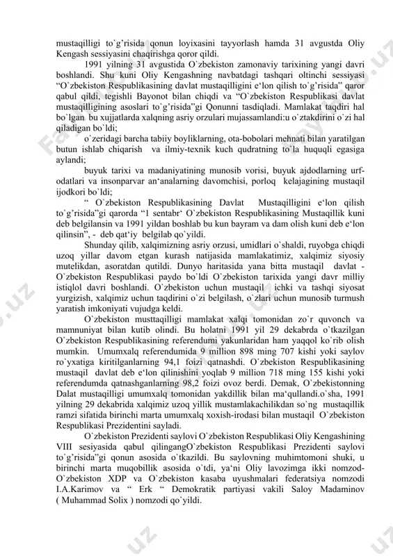 kelib sobiq sssr ning ijtimoiy-siyosiy holatida inqirozli holat tobora kuchaydi. bu holat ayniqsa, ko`pchilikrespublikalarning ittifoq tarkibidan chiqish, o`z-o`zini belgilash, huquqini berish, markazning siyosiy-iqtisodiy, harbiy va tashqi siyosiy sohalardagi rolini qayta ko`rish kabi talablarning xaqli ravishda qo`yilishida aksini topdi. lekin, markaziy rahbariyat xalqlar va ittifoqchi respublikalar siyosiy rahbariyatining chinakam mustaqillikka intilishi bilan hisoblashmadi. bu munosabatni markazning boltiqbo`yi respublikalarning ittifoq tarkibidan chiqib ketish, o`zbekistonda, keyinchalik esa boshqa respublikalarda ham prezidentlik boshqaruvining joriy etilishi va bu respublikalar tomonidan suverenitet to`g’risidagi deklaratsiyalarning qabul qiliniishiga tish-tirnog’i bilan qarshilik ko`rsatganligida ham ko`rish mumkin. lekin, ba‘ribir harakatga kelgan inqiroziy holatni endi to`xtatib bo`lmas edi. shu sababdan ham, davlat yemirilishidan jiddiy xavotirga tushgan partiya-davlati rahbariyati 1990 yilning kuzida ittifoq markazi va respublikalar o`rtasidagi munosabatlarni yangi holatga o`tkazish maqsadida mo`zokara jarayonini boshlashga majbur bo`ldi. chunki, sssr oliy soveti ham, sssr prezidenti va hukumati ham inqiroziy holatdan chiqishning yo`lini topa olmay qolgan edi. o`shayillar ittifoq bo`yicha prezidentlik lavozimini egallab turgan …