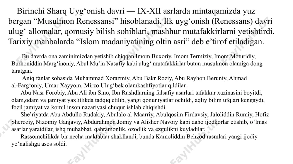asalasini milliy g‘oya sifatida ko‘tardilar uchinchi renessans g‘oyasining jamiyat taraqqiyoti bilan uyg‘unligi ilm-fan mamlakat taraqqiyoti va farovonligining asosidir. ayniqsa, barcha sohada yangiliklarga intilish hamda raqobat kuchayib borayotgan bugungi davr iqtisodiy salohiyatni mustahkamlab borish uchun ilg‘or ilmiy ishlanmalar va texnikaviy yutuqlardan samarali foydalanishni talab etmoqda. bugungi kunda shiddat bilan o‘zgarayotgan zamon barcha sohalar qatorida ilm-fanni ham yangi bosqichga ko‘tarishni talab qilmoqda. jamiyat oldida turgan dolzarb masalalarni echishda fan va ishlab chiqarish hamkorligini mustahkamlash, ta’lim tizimini rivojlantirish, innovatsion iqtisodiyot taraqqiyotiga alohida e’tibor qaratilmoqda. davlatimizning ustuvor vazifalaridan biri mazkur sohani qo‘llab-quvvatlashdan iboratdir. mamalakatning iqtisodiy salohiyatini mustahkamlash ilg‘or ilmiy ishlanmalar va ilmiy-texnikaviy taraqqiyotning yutuqlarini samarali joriy etish bilan bevosita bog‘liq. ishlab chiqarishga innovatsion ishlanma va texnologiyalarni keng joriy etish o‘zbekistonimizni har tomonlama rivojlangan davlatga aylantirish imkonini beradi. bugun mamlakatimida “yangi o’zbekiston — uchinchi renessans” g‘oyasining ro‘yobga chiqarilishini ta’minlash eng ustuvor masalalardan biri sifatida ilgari surilmoqda. xalq barcha sa’y-harakatlarini, intilishlarini, bunyodkorlik faoliyatini mamlakat taraqqiyotig muvofiqlashtirganda …