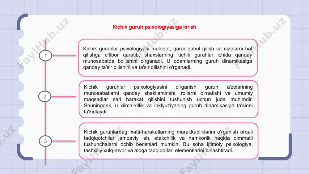 rakatni shakllantirishda hal qiluvchi rol o'ynaydi. normlar - bu a'zolarning harakatlari va o'zaro munosabatlarini boshqaradigan yozilmagan qoidalar. muvofiqlik - bu kichik guruh xatti-harakatlarida keng tarqalgan hodisa bo'lib, unda odamlar o'zlarining xatti-harakatlarini guruh kutganlariga mos ravishda moslashtiradilar. bu ham ijobiy, ham salbiy oqibatlarga olib kelishi mumkin. kichik guruhlarda me'yorlar va muvofiqlikni tushunish guruh dinamikasi va qaror qabul qilish jarayonlarini yaxshilashga yordam beradi. bu omillarning individual xatti-harakatlarga ta'sirini tan olish muhimdir. kichik guruhlarda quvvat dinamikasi kichik guruhlardagi kuch dinamikasi qarorlar qabul qilish va guruhning birlashishiga ta'sir qilishda hal qiluvchi rol o'ynaydi. quvvat dinamikasini tushunish mojarolarni samarali boshqarishga yordam beradi. kichik guruhlardagi liderlar ko'pincha o'z harakatlari va muloqot uslublari orqali kuch dinamikasiga ta'sir qiladi. quvvat nomutanosibligini tan olish va bartaraf etish yanada adolatli guruh muhitiga olib kelishi mumkin. kichik guruhlar a'zolari manipulyatsiyani oldini olish va adolatli ishtirok etishni ta'minlash uchun kuch dinamikasidan xabardor bo'lishlari muhimdir. ochiq muloqot va shaffoflik sog'lom dinamikani saqlashga yordam …