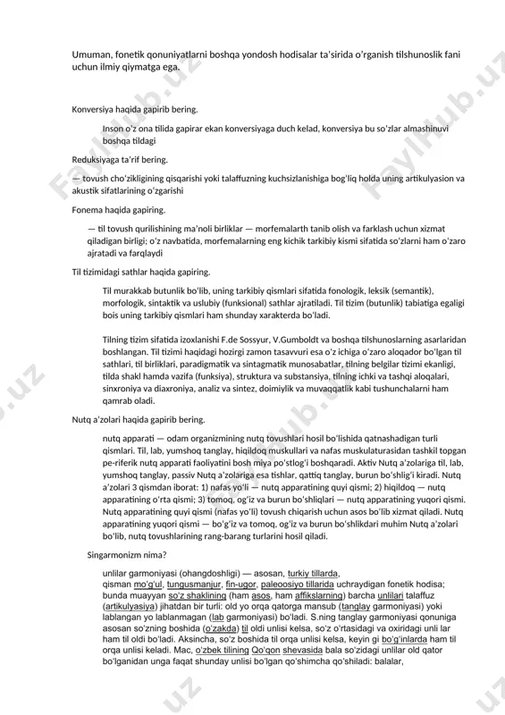 tizim (butunlik) tabiatiga egaligi bois uning tarkibiy qismlari ham shunday xarakterda boʻladi. tilning tizim sifatida izoxlanishi f.de sossyur, v.gumboldt va boshqa tilshunoslarning asarlaridan boshlangan. til tizimi haqidagi hozirgi zamon tasavvuri esa oʻz ichiga oʻzaro aloqador boʻlgan til sathlari, til birliklari, paradigmatik va sintagmatik munosabatlar, tilning belgilar tizimi ekanligi, tilda shakl hamda vazifa (funksiya), struktura va substansiya, tilning ichki va tashqi aloqalari, sinxroniya va diaxroniya, analiz va sintez, doimiylik va muvaqqatlik kabi tushunchalarni ham qamrab oladi. nutq a’zolari haqida gapirib bering. nutq apparati — odam organizmining nutq tovushlari hosil boʻlishida qatnashadigan turli qismlari. til, lab, yumshoq tanglay, hiqildoq muskullari va nafas muskulaturasidan tashkil topgan pe-riferik nutq apparati faoliyatini bosh miya poʻstlogʻi boshqaradi. aktiv nutq aʼzolariga til, lab, yumshoq tanglay, passiv nutq aʼzolariga esa tishlar, qattiq tanglay, burun boʻshligʻi kiradi. nutq aʼzolari 3 qismdan iborat: 1) nafas yoʻli — nutq apparatining quyi qismi; 2) hiqildoq — nutq apparatining oʻrta qismi; 3) tomoq, …