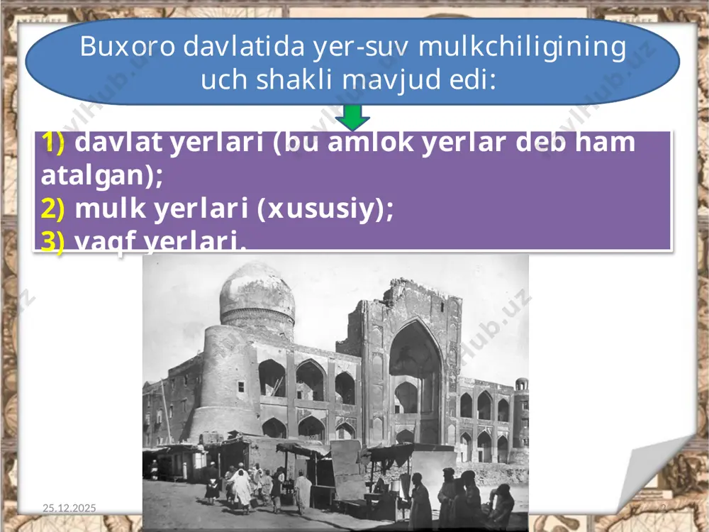 alohida topshiriqlarini bajarishda namuna ko'rsatgan shaxslarga berish natijasida vujudga kelgan. 24.06.2020 9 vaqf yerlari bu masjid, mozor, xonaqoh, madrasa va maqbaralar uchun ajratilgan yerlar edi. bunday yerlar musodara etilgan, davlat hamda yirik yer egalari tomonidan hadya etilgan yerlar hisobiga vujudga keltirilar edi. 24.06.2020 10 masjid, madrasa, qabristonlarning asosiy sarf-xarajatlari, shuningdek, talaba, mudarris hamda mutavallilarga beriladigan nafaqa va maoshlar vaqf yerlaridan olinadigan daromad hisobidan qoplanar edi. vaqf mulkini mutavalli tasarruf etishi belgilab qo'yilgan edi. 24.06.2020 11 soliq tizimi 24.06.2020 12 shohmurod zamonida har bir ziroatchidan qo'shpuli (har qo'sh (48-50 tanob) yerdan 40 tiyin) olingan. 1807-yili amir haydarning bir yorlig'ida har tanob yerdan bir tillodan tanobona olinishi zarurligi ko'rsatilgan. agar ekinzor egasi tanobona to'lashdan bosh tortsa, hosilning uchdan bir qismi mol (xiroj) tariqasida ok'ngan. ba'zida xiroj hosilning yarmini tashkil etgan. xv-xvii asrdan zakot solig'i beva-bechoralar, musofirlar foydasiga olingan bo'lsa, xviii asrdan boshlab xazina foydasiga olinadigan bo'ldi. 24.06.2020 13 kanallar, inshoot, qal'a, ko'priklar, …