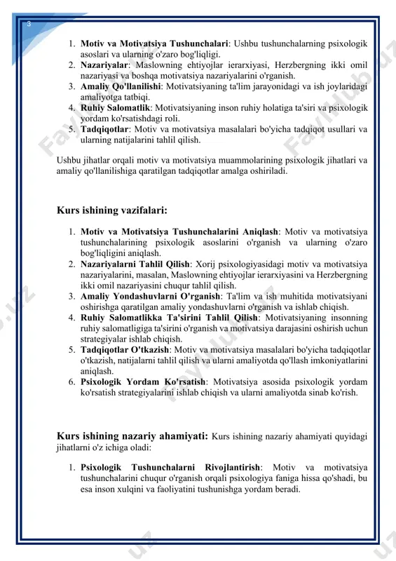 xorij psixologiyasidagi motiv va motivatsiya nazariyalarini, masalan, maslowning ehtiyojlar ierarxiyasini va herzbergning ikki omil nazariyasini chuqur tahlil qilish. 3. amaliy yondashuvlarni o'rganish: ta'lim va ish muhitida motivatsiyani oshirishga qaratilgan amaliy yondashuvlarni o'rganish va ishlab chiqish. 4. ruhiy salomatlikka ta'sirini tahlil qilish: motivatsiyaning insonning ruhiy salomatligiga ta'sirini o'rganish va motivatsiya darajasini oshirish uchun strategiyalar ishlab chiqish. 5. tadqiqotlar o'tkazish: motiv va motivatsiya masalalari bo'yicha tadqiqotlar o'tkazish, natijalarni tahlil qilish va ularni amaliyotda qo'llash imkoniyatlarini aniqlash. 6. psixologik yordam ko'rsatish: motivatsiya asosida psixologik yordam ko'rsatish strategiyalarini ishlab chiqish va ularni amaliyotda sinab ko'rish. kurs ishining nazariy ahamiyati: kurs ishining nazariy ahamiyati quyidagi jihatlarni o'z ichiga oladi: 1. psixologik tushunchalarni rivojlantirish: motiv va motivatsiya tushunchalarini chuqur o'rganish orqali psixologiya faniga hissa qo'shadi, bu esa inson xulqini va faoliyatini tushunishga yordam beradi. 2. nazariy asoslarni mustahkamlash: xorijiy psixologiyada motiv va motivatsiya muammolariga doir mavjud nazariyalarni tahlil qilish, yangi yondashuvlar va fikrlarni yaratishga imkon beradi. …