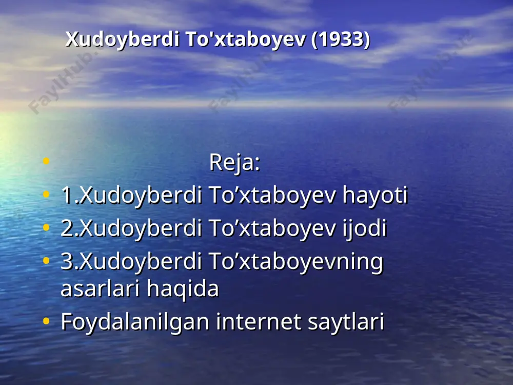 lar 9.«sir ochildi» (1964) 10.«omonboy va davronboy sarguzashti» 11.«jannati odamlar» (1996), 12.«shoshqaloq» 13«so‘qmoqlar» va boshq. asarlari «sehrli qalpoqcha» . «sariq devni minib» .«sariq devning o‘limi» «besh bolali yigitcha» (1976) «yillar va yo‘llar» (1983) .«sehrgarlar jangi yoki shirin qovunlar mamlakatida» .«sir ochildi» (1964) « jannati odamlar» (1996) .«shoshqaloq» «qasoskorning oltin boshi» (1981) «omonboy va davronboy sarguzashti» «so‘qmoqlar» xozirda xudoyberdi to’xtaboyev “o’yla, izla, top.” teleko’rsatuvida hakamlik qiladi. foydalanilgan internet saytlari ziyouz.com ziyonet.uz uzwikipedia.com google.com yandex.ru foydalanilgan internet saytlari ziyouz.com ziyonet.uz uzwikipedia.com google.com yandex.ru adabiyotga e’tibor - ma’naviyatga, kelajakka e’tibor. i. a. karimov foydalanilgan adabiyotlar