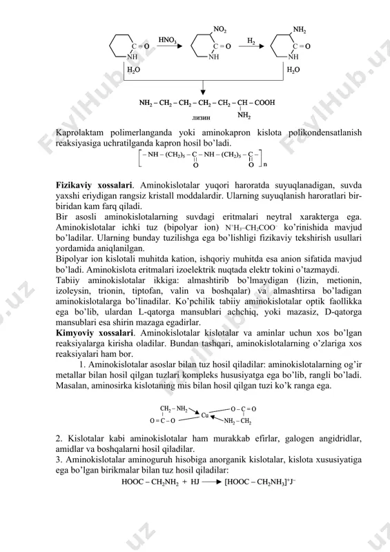 hqari, aminokislotalarning o’zlariga xos reaksiyalari ham bor. 1. aminokislotalar asoslar bilan tuz hosil qiladilar: aminokislotalarning og’ir metallar bilan hosil qilgan tuzlari kompleks hususiyatga ega bo’lib, rangli bo’ladi. masalan, aminosirka kislotaning mis bilan hosil qilgan tuzi ko’k ranga ega. 2. kislotalar kabi aminokislotalar ham murakkab efirlar, galogen angidridlar, amidlar va boshqalarni hosil qiladilar. 3. aminokislotalar aminoguruh hisobiga anorganik kislotalar, kislota xususiyatiga ega bo’lgan birikmalar bilan tuz hosil qiladilar: 4. aminokislotalarga nitrit kislota bilan ta’sir etilganda oksikislotalarni hosil qiladilar: aminokislotalarning efirlariga nitrit kislota bilan ta’sir etilganda barqaror diazbirikmalar hosil bo’ladi: 5.aminokislotalarga kislota angidridlari va galoid angidridlar bilan ta’sir etilganda aminoguruh atsillanadi: 6. aminokislotalardagi aminoguruhi alkillash reaksiyalariga kirisha oladi. bunda ikkilamchi, uchlamchi aminokislotalar va to’rtlamchi ammoniy asoslari hosil bo’ladi. to’rtlamchi ammoniy aoslarining ichki tuzi betaminlar deb ataladi: 7. -, -, - aminokislotalar qizdirilaganda turlicha o’zgarishga uchraydilar. - aminokislotalar qizdirilganda diketopiperazinlarni, - aminokislotalar to’yinmagan kislotalarni, - va yuqori aminokislotalar esa laktonlarni hosil qiladilar: yuqoridagi …