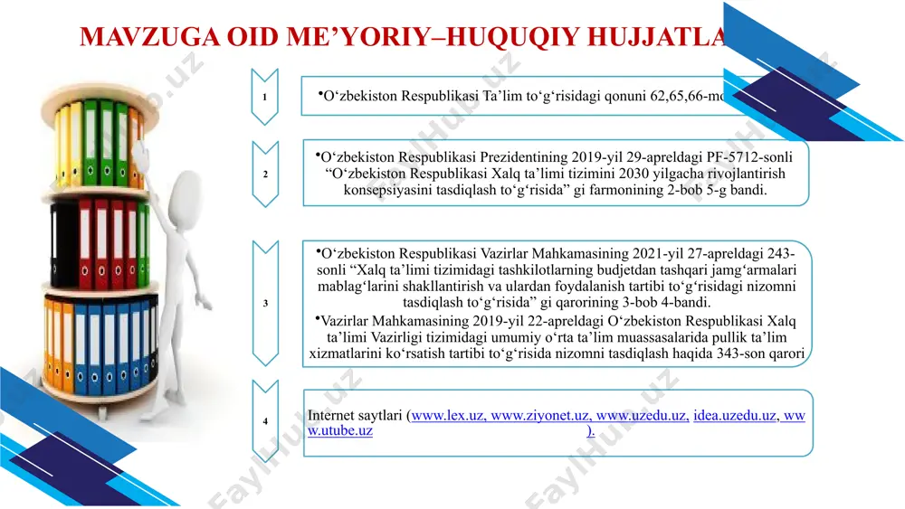 ni moddiy-texnika bazasini yaxshilash chora-tadbirlar rejasi t/r muammo muammoning yechimini amalga oshirish mexanizmi mas’ullar muddati natija 1. maktabning joriy holatdagi moddiy texnika bazasi to‘g‘risidagi ma’lumotni aniqlash mavjud moddiy-texnik bazasi ro‘yhatini shakllantirish va zarur bo‘lganlarini aniqlab olish maktab rahbari, ishchi guruh a’zolari bir hafta muddatda mavjud holat real aniqlanadi 2. ta’lim muassasasi uchun zarur bo‘lgan moddiy texnik baza bilan ta’minlash uchun zarur bo‘lgan moliyaviy muammoning mavjudligi vm-343 va 243-sonli qarorlari asosida budjet va budjetdan tashqari mablag‘larni topish chora-tadbirini ishlab chiqish maktab ma’muriyati, ishchi guruh a’zolari o‘quv yili davomida yuqoridagi qarorlar asosida maktab budjetiga qo‘shimcha mablag‘ topish orqali yangi moddiy-texnik baza bilan ta’lim muassasi extiyoji qondiriladi 3. moddiy qiymati yuqori bo‘lgan interaktiv o‘quv doskalari, zamonaviy kompyuter sinfi, mini futbol maydonchasi yetishmasligi. “tashabbusli budjet” loyihasida samarali ishtirok etish maktab jamoasi, ishchi guruh a’zolari, kuzatuv kengashi a’zolar, ota-onalar yil davomida maktab to‘liq zamonaviy interaktiv o‘quv qurollari bilan ta’minlanadi. ta’lim muassasasining ilmiy salohiyati oshishga imkoniyat …