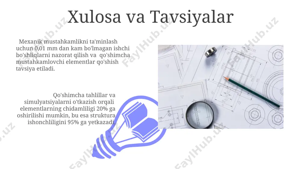 tushunchalar va ta'riflar deformatsiya (ε) materialning uzunlikdagi nisbiy o'zgarishini bildiradi va birliksiz miqdor hisoblanadi; ε = (l - l₀) / l₀ formulasi yordamida hisoblanadi, bu yerda l - deformatsiyadan keyingi uzunlik, l₀ - dastlabki uzunlik. kuchlanish (σ) materialning ichki qarshilik kuchini uning yuzasiga nisbati sifatida aniqlanadi va paskal (pa) yoki megapascal (mpa) da o'lchanadi; σ = f/a formulasi bilan hisoblanadi, bu yerda f - kuch, a - yuzasi. kritik qismlarni tahlil qilish kritik qismlarning geometrik xususiyatlari (masalan, radius, burchak) va yuk turlari (statik, dinamik) tahlil natijalariga sezilarli ta'sir ko'rsatadi, buning natijasida 10% gacha xatolik yuz berishi mumkin. materialning chidamlilik chegarasi (σb) va xavfsizlik koeffitsiyenti (n=2) ni hisobga olgan holda, ruxsat etilgan kuchlanish (σr = σb/n) qiymatini aniqlash, muhim elementlarni loyihalashda talab qilinadi. kuchlar va momentlarni aniqlash 01 02 murakkab konstruksiyalarda, masalan, 3 o'lchovli ramkalarda, kuchlar va momentlarni aniqlash uchun sonli usullar, masalan, cheklangan elementlar metodi qo'llaniladi. sales 1st qtr 2nd …