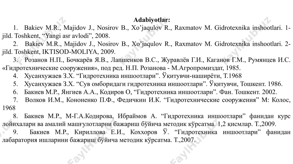 orol dengizi havza hududida jami bo‘lib yer osti suvlarining 339 ta manbasi qidirib topilgan va foydalanish uchun tasdiqlangan, ularning umumiy mintaqaviy zaxirasi 31,17 km3 deb baholanadi va shundan 12,7 km3 amudaryo havzasiga va 16,4 km3 esa sirdaryo havzasiga to‘g‘ri keladi. 2. gidrotexnika inshootlari qurilishning qisqacha tarixi va mamlakatimiz rivojlanishi bilan bog‘liq kelajagi sug‘orish va u bilan bog‘liq kanallar, inshootlar qurilish ishlari amudaryo, sirdaryo va zarafshon daryolari vodiysida olib borilgan. olingan tarixiy ma’lumotlar va arxeologik qazishmalar natijalariga ko‘ra, markaziy osiyoda sug‘orish ishlari bilan eramizdan avvalgi ix–vii asrlarda ham shug‘ullanishgan. qadimgi baqtriya, sug‘diyona, xorazm davlatlari, farg‘ona vodiysida sug‘orish ishlari olib borilganligi, sug‘orish tarmoqlari, suv to‘plash inshootlari qurilganligi bunga misol bo‘la oladi. xii–xiii asrlarga kelib, xorazmda irrigatsiya ishlarining biroz jonlanganligini guvohi bo‘lamiz: g‘aznaobod (g‘azavot) kanali chermen – yab arig‘i orqali shohsanamgacha, girya kanali qavatqal’a tumanigacha yetkaziladi. qadimiy kanallardan hozirgi paytda markaziy osiyoda eng yirik kanal hisoblangan toshsaqa kanalining tarmoqlari bo‘lgan va shovot, polvon …
