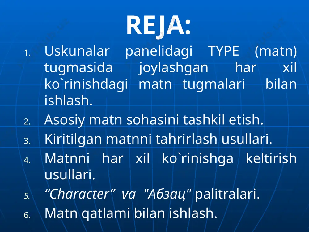 joylashadi, so’zlarni keyingi satrga olinish avtomatik xolda ro’y beradi. “enter” tugmasi faqatgina matn boshidan terish uchun bosiladi. agar matn bloki ichiga terilgan matn sig’masa, u holda matn blokining quyi o’ng burchagida “+” belgisi paydo bo’ladi. asosiy matn hosil qilishga misol sichqoncha yordamida amalga oshiriladi. ctrl +sichqoncha yordamida amalga oshiriladi. matnni tahrirlash matnga o’zgartirish kiritish uchun avvalo matnni belgilab olish zarur. buning uchun qatlamlar (слой) dan matn qatlami foallashtirilgan bo’lish kerak. matnni rasm sifatida ko’rish uchun layer/rasterize (слой растеризовать) buyrug’i tanlanadi. mant yo’nalishini o’zgartirish. matnni vertical holatdan gorizontaliga yoki aksincha amal bajarish uchun layer (cлои) bo’limida matn qatlami tanlanib ( измeнить направление текста) tugmasi bosiladi. matnni og’dirish matnni o’gdirish uchun avvaldan hosil qilingan matn qatlami tanlanadi, uskunalar panelidan type uskunasi tanlanib, (cоздать искаженный текст) tugmasi bosiladi. natijada quyidagi oyna hosil bo’ladi. ushbu oynaning style (cтиль) bo’limida matnni quyidagicha og’dirish mumkin: none (нет) - matnga nisbatan ishlatilgan og’dirishlarni bekor qilish; arc (arka) …