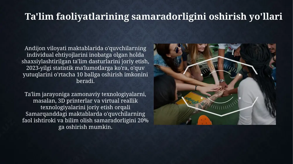 port va texnologiyalar bo'yicha 3 dan ortiq qobiliyatlarini rivojlantirishga 1000 dan ortiq o'quvchilarni jalb qilish maktabdan tashqari faoliyatning muhim vazifalaridan biridir. maktabdan tashqari ta'lim faoliyati o'quvchilarning 50% dan ortig'ini qamrab olishni, jumladan, samarqand viloyati kabi chekka hududlardagi bolalarni ham jalb qilishni maqsad qiladi. e'tiboringiz uchun rahmat @taqdimot_robot image2.jpg image3.jpg image4.jpg image5.jpg image6.jpg image7.jpg image8.jpg image9.jpg
