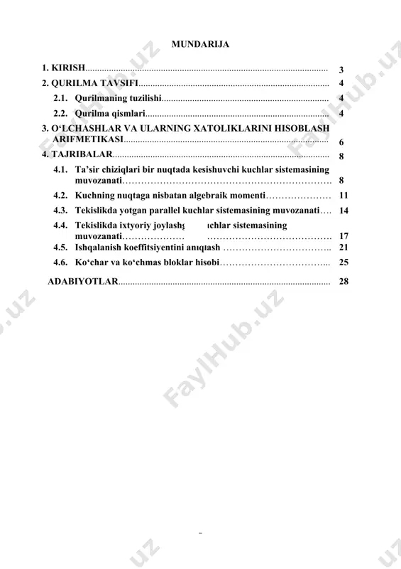 o‘lchash chiziqlari sifatida foydalanish uchun 50 x 50 mm kvadratlardan iborat panjara chiziqlari bilan jihozlangan. doska silliq yuzaga ega bo‘lib, unga marker bilan yozish va yozuvlarni o‘chirish mumkin. doska yuzasida turli burilish sifatida ishlatilishi mumkin bo‘lgan (turli uzunlikdagi tutqichlar, aylanuv-chi bloklar va h.k) qo‘shimcha qurulma qismlarini o‘rnatish uchun mo‘ljallangan ikkita (1) erkin aylanuvchi tuynikchalar o‘rnatilgan. doskaning ikki yon va uski hamda pastki qismlariga t simon (2) yo‘lakchalar o‘rnatish mumkin. bu yo‘lakchalarni dinamomlar va tutqichlar va h.k. qismlarni doskaning chetidagi istalgan nuqtaga (3) mahkamlagich bilan ulash uchun ishlatish mumkin. 2.2. qurilma qismlari 2.2.1-rasm. tm 110 qurilmasining qo‘shimcha qismlari 1. kuchning miqdorini o‘lchash uchun dinamometrlar 2. qaytaruvchi shkiflar 3. podshipnikli momet diski, ø100 mm 4. ilmoqli tutqichlar 5. ikki tomonlama ilmoqli tutqichlar 6. ishchi doskaning chetiga o‘rnatiladigan t simon yo‘lakchalar 7. burilish podshipniklari 8. bosim qismlari 9. aylanuvchi disk, ø50 mm 10. turli bosim tayoqchalari 11. ko‘chmas blok 12. har biri 4 …